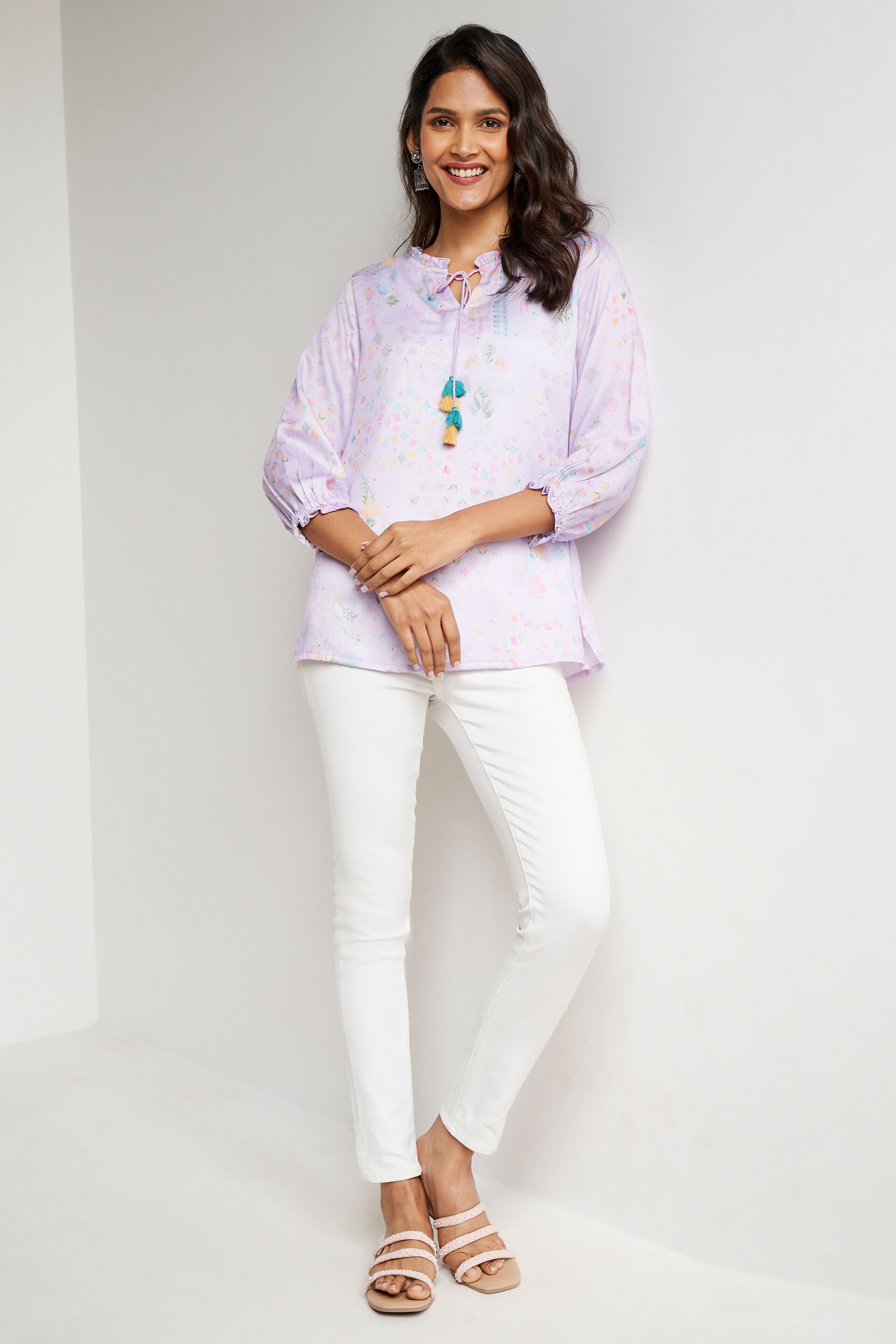 Lilac Abstract Printed Tie-Ups Top, Lilac, image 3