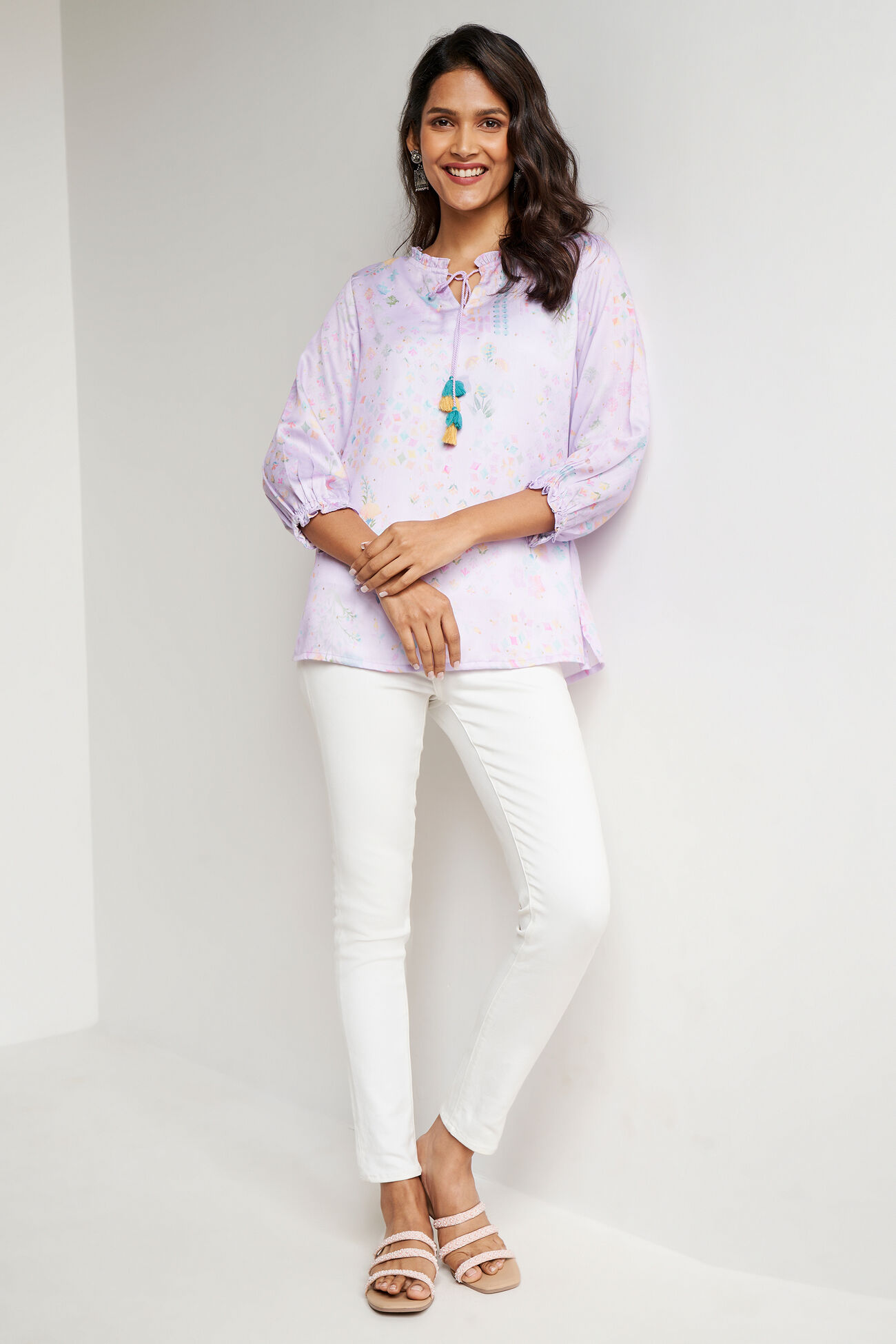 Lilac Abstract Printed Tie-Ups Top, Lilac, image 3