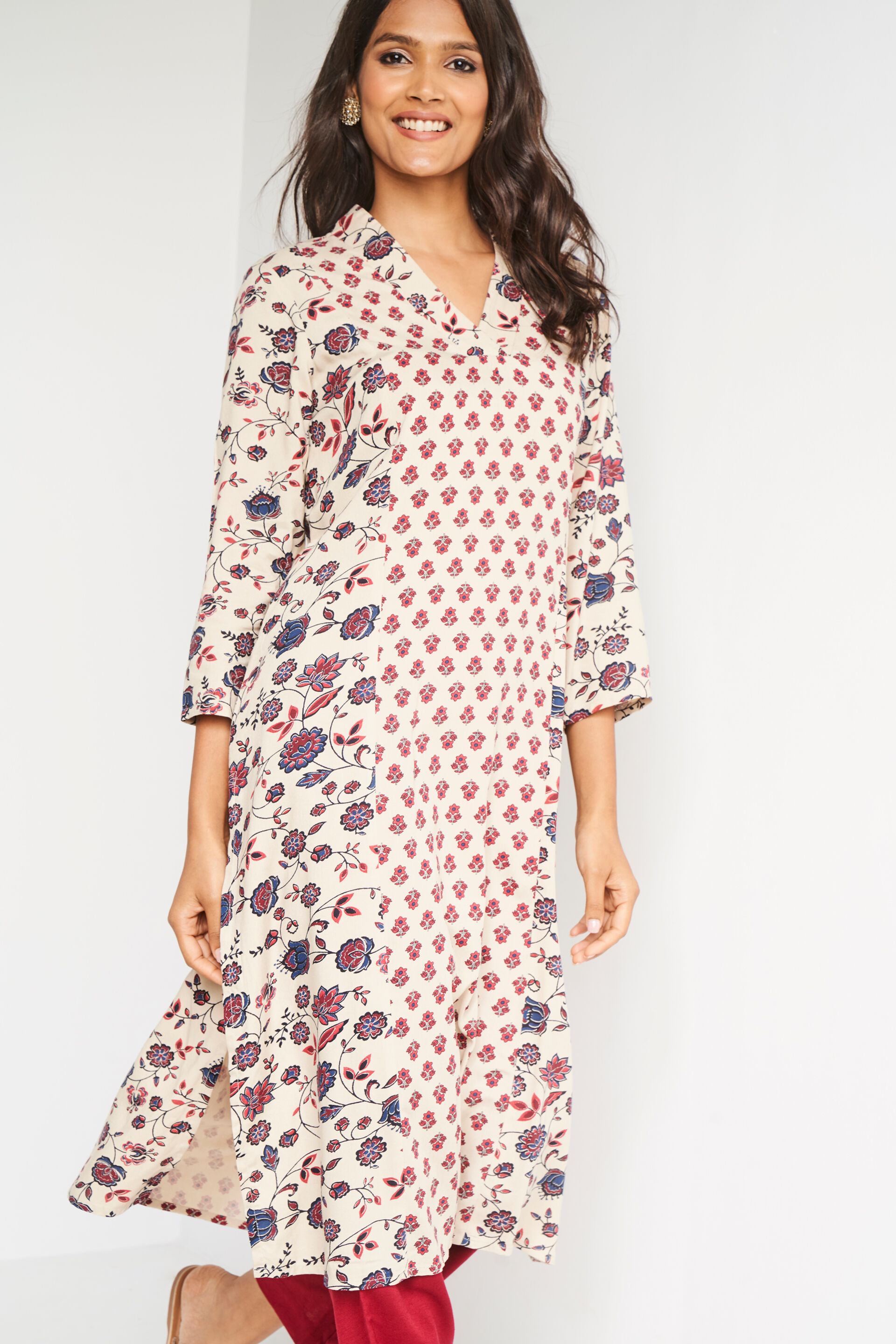 Beige Floral Straight Slip-On Kurta, Beige, image 5