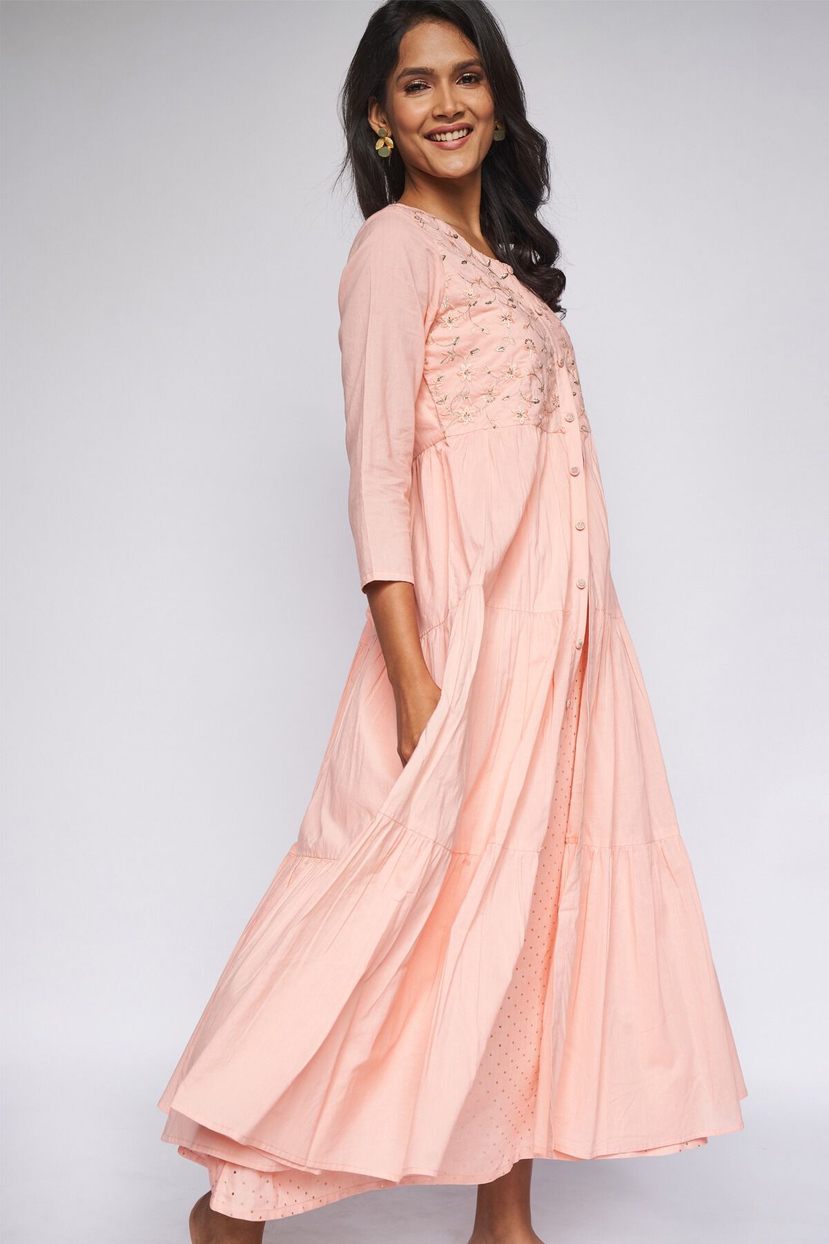 Peach Solid Layered Kurta 2P Suit Set, Peach, image 3