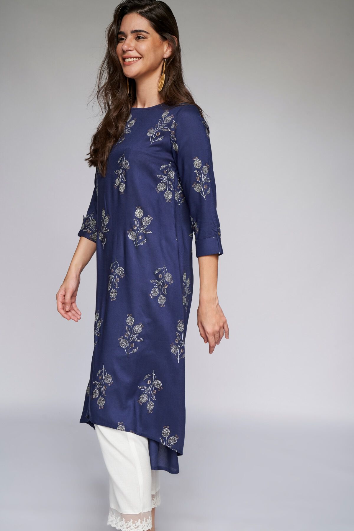 2 - Navy Blue Floral A-Line Kurta, image 2
