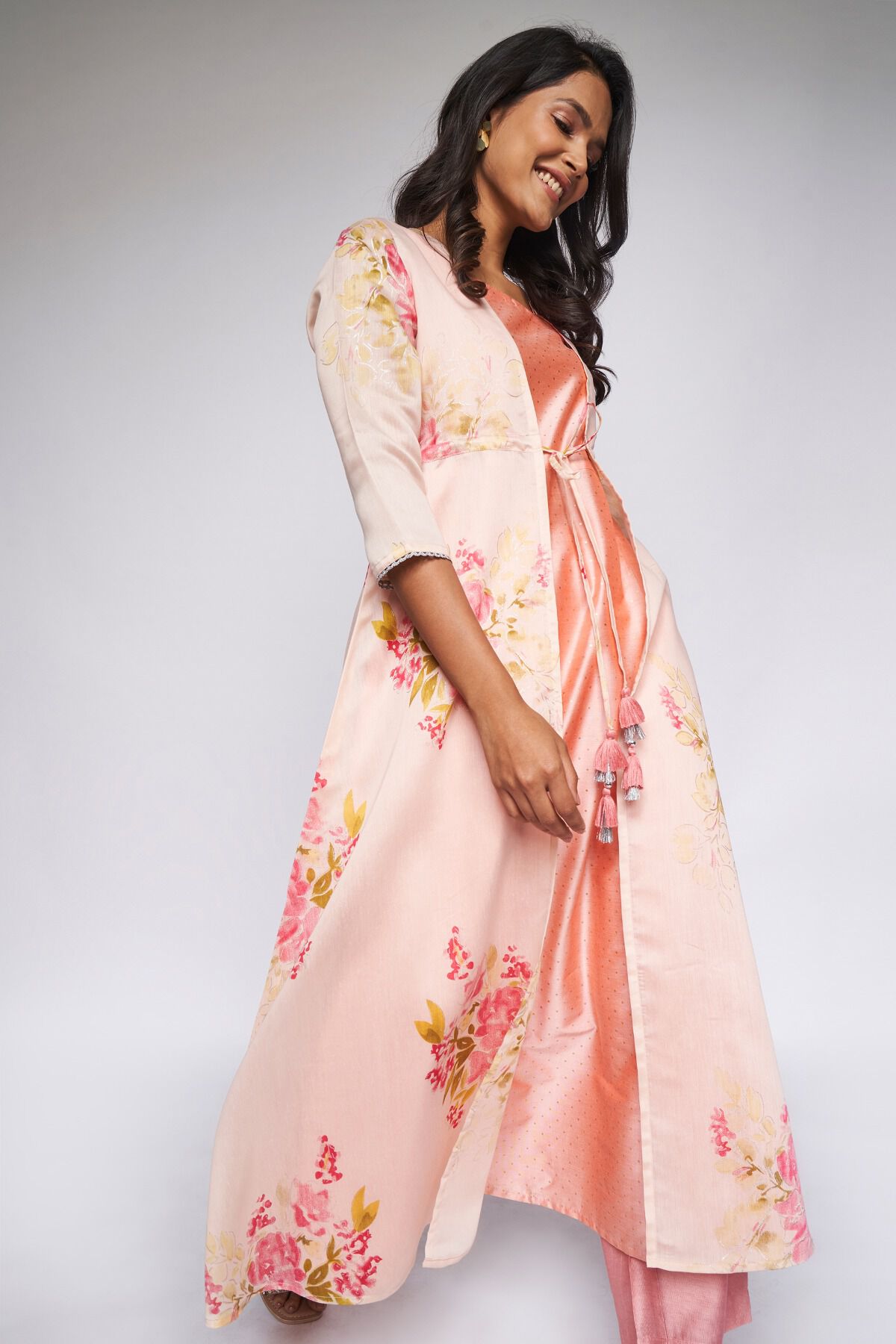 2 - Pink Foil Print Layered Kurta 2P Suit Set, image 2