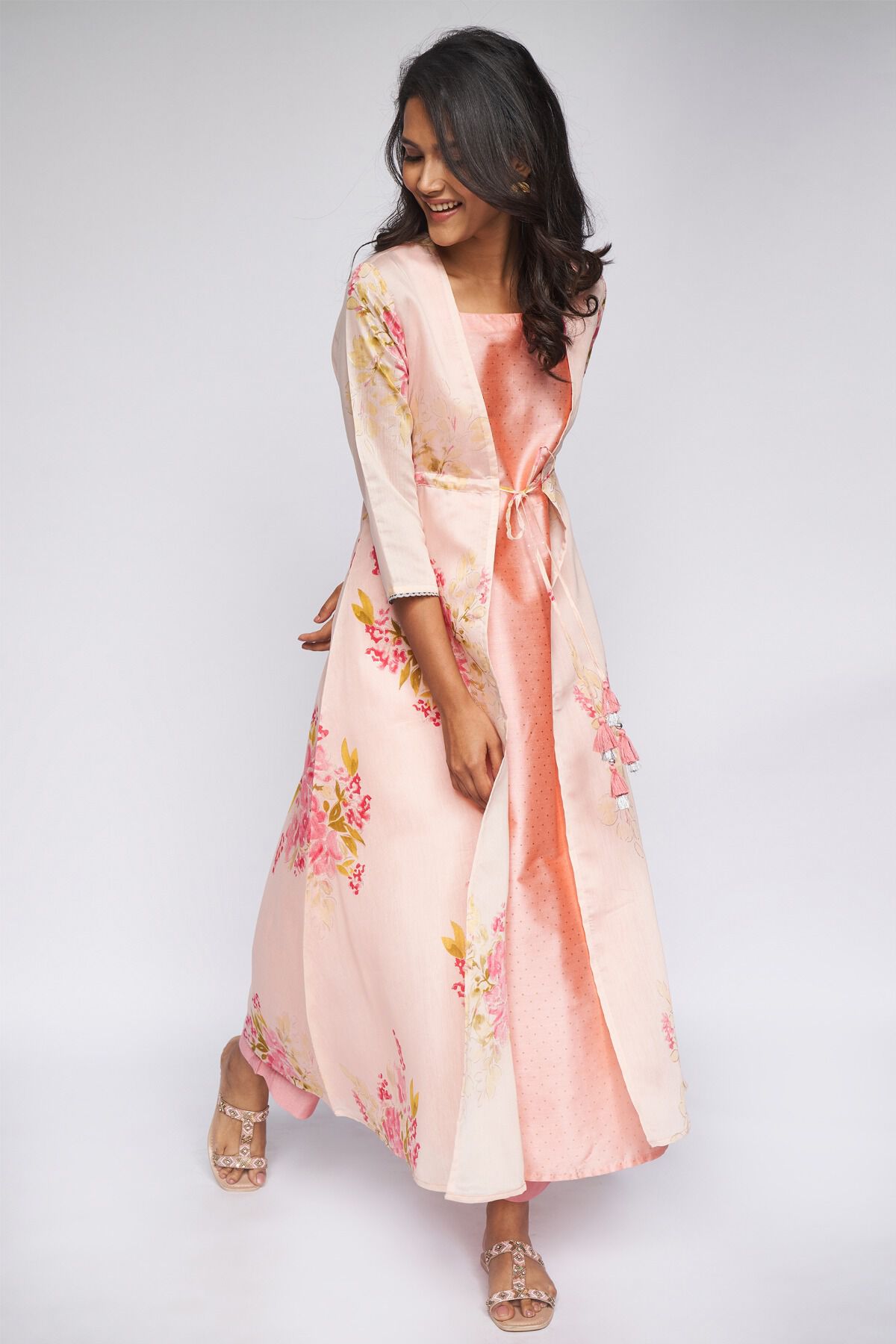 3 - Pink Foil Print Layered Kurta 2P Suit Set, image 3