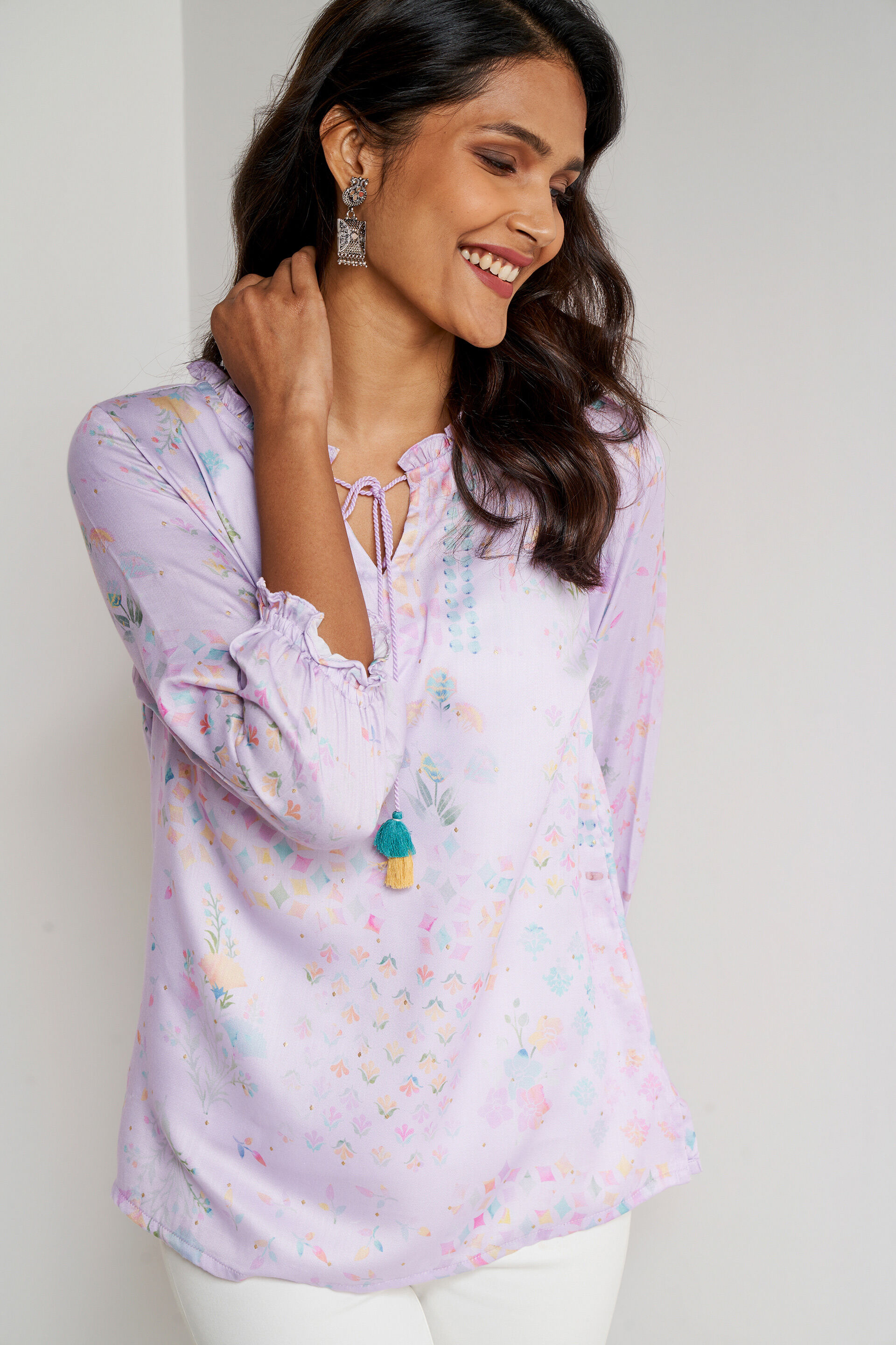 Lilac Abstract Printed Tie-Ups Top, Lilac, image 2