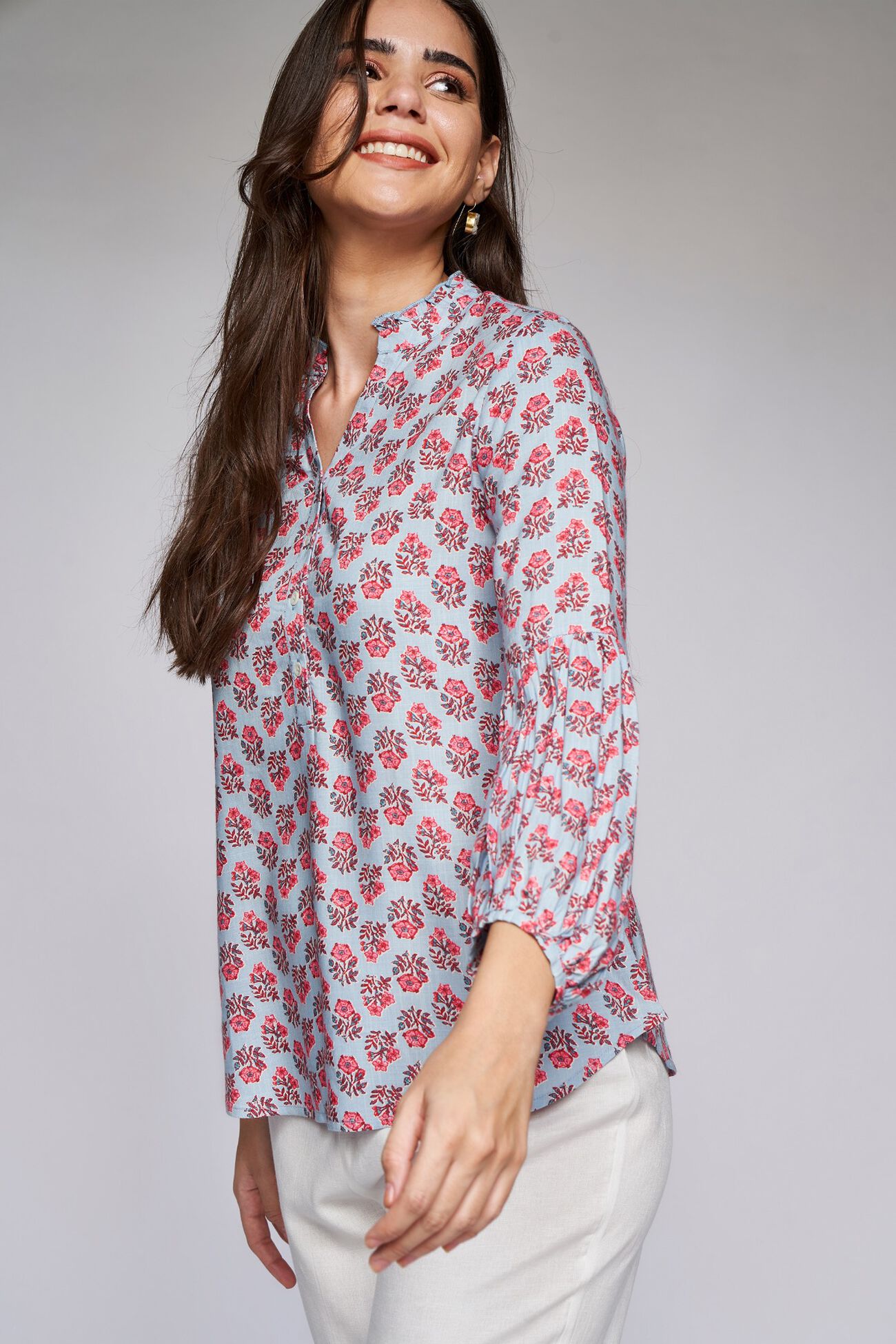 3 - Blue Floral Shirt Style Top, image 3