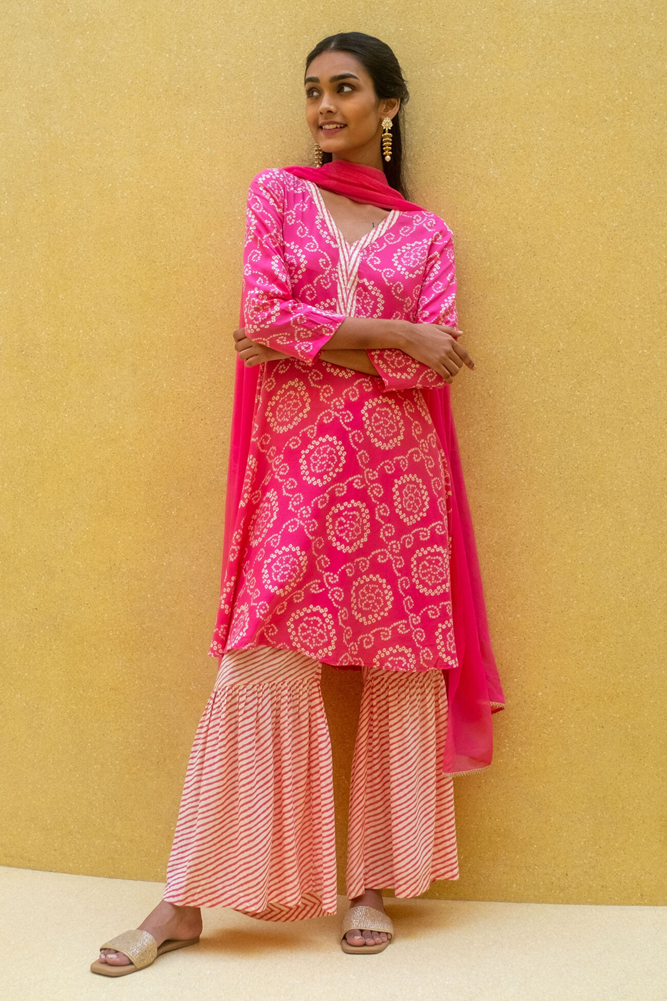 Coral Ethnic Motifs Fit & Flare Suit Set, Coral, image 1