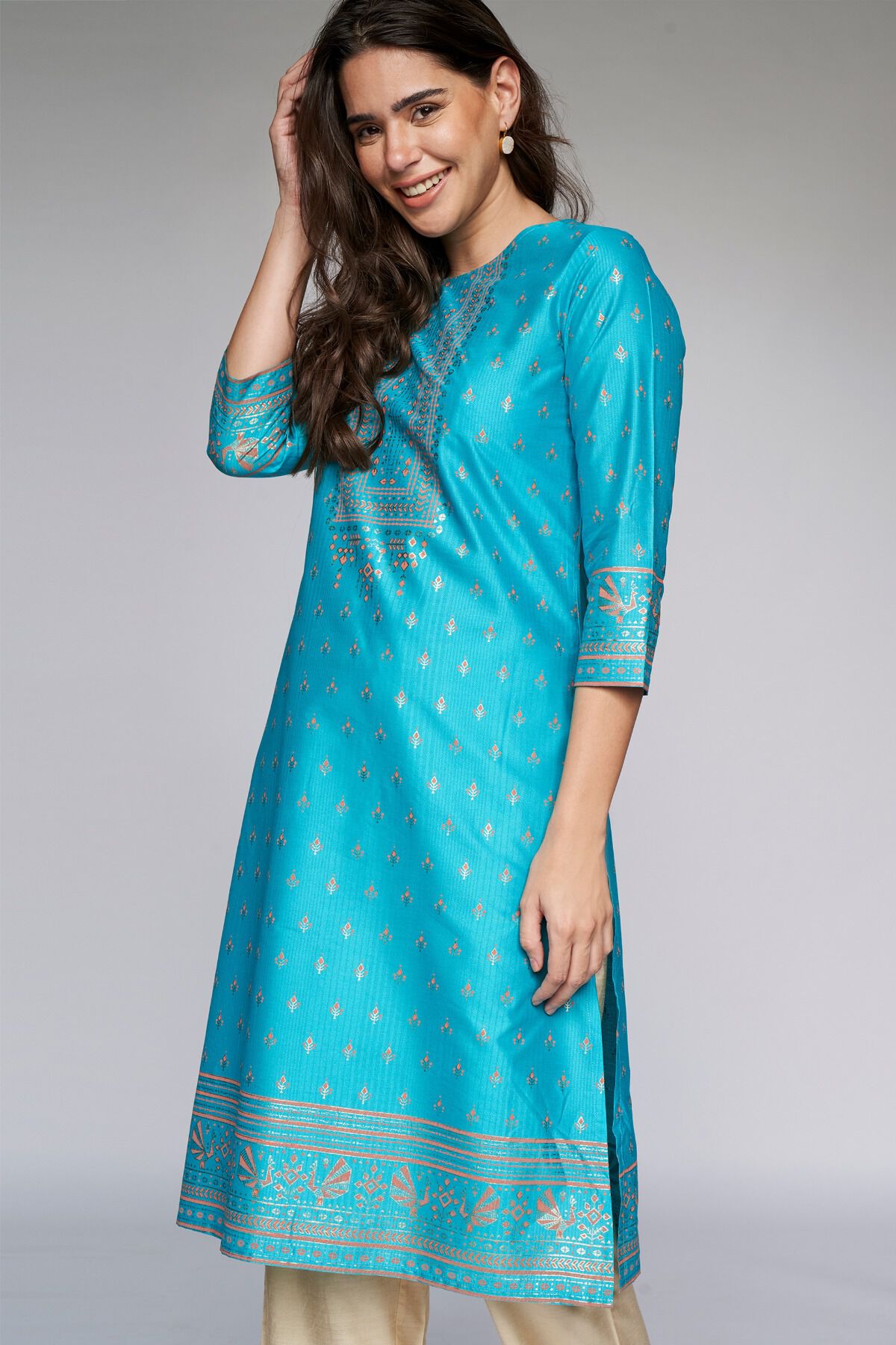 2 - Teal Foil Print Kurta, image 2