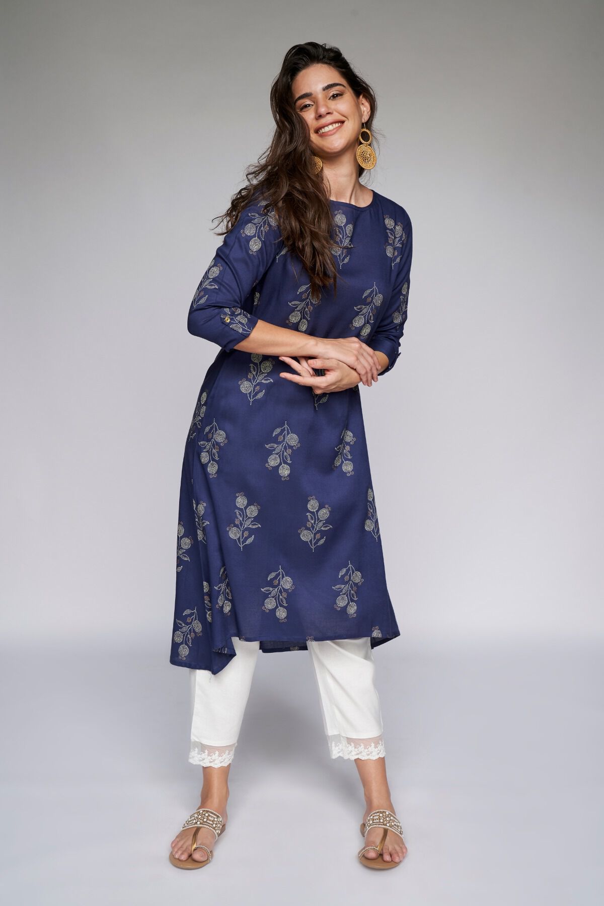 3 - Navy Blue Floral A-Line Kurta, image 3