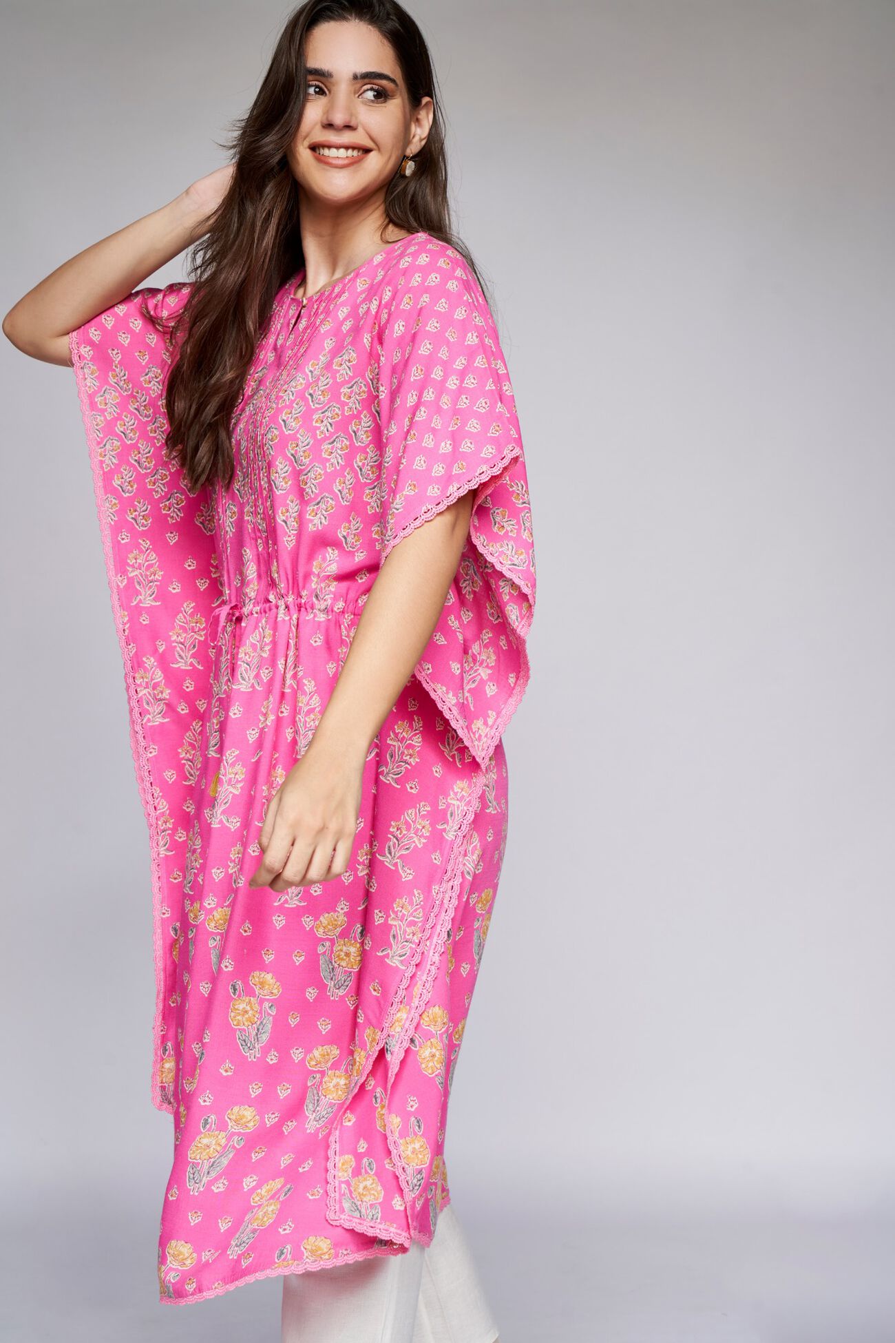 1 - Pink Floral Kaftan Kurta, image 1
