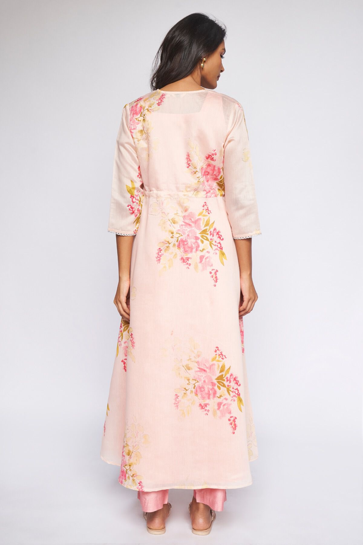 5 - Pink Foil Print Layered Kurta 2P Suit Set, image 5