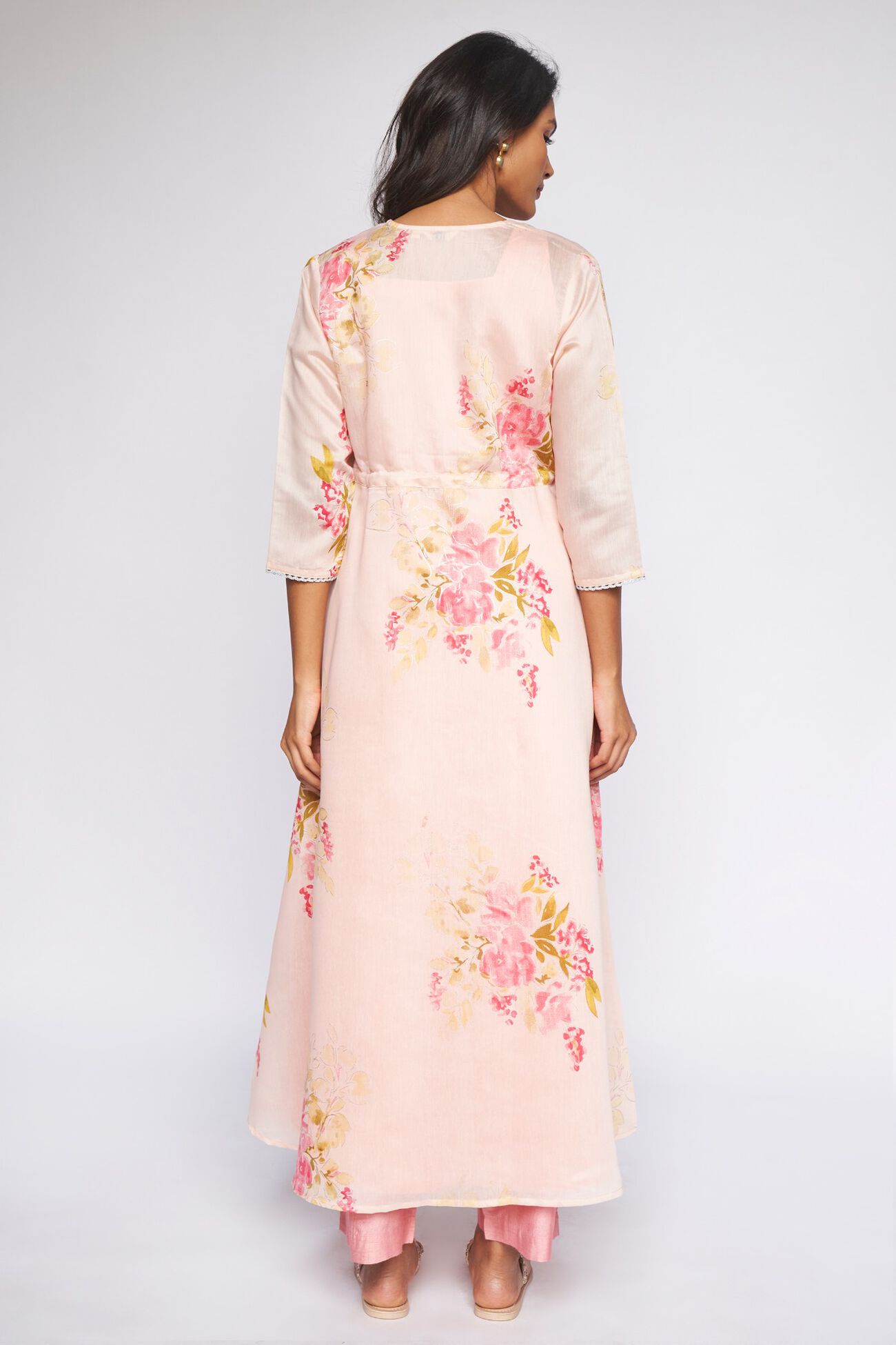 5 - Pink Foil Print Layered Kurta 2P Suit Set, image 5