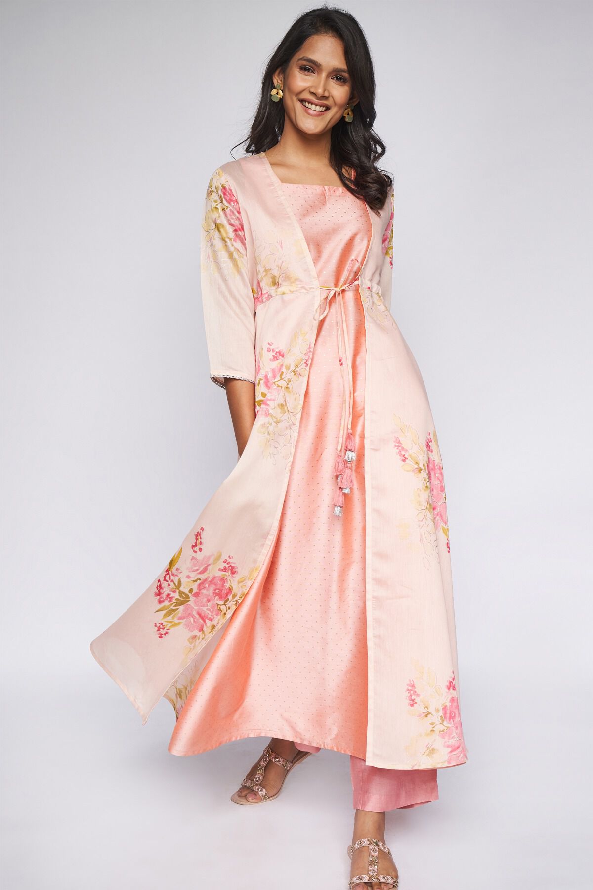 4 - Pink Foil Print Layered Kurta 2P Suit Set, image 4