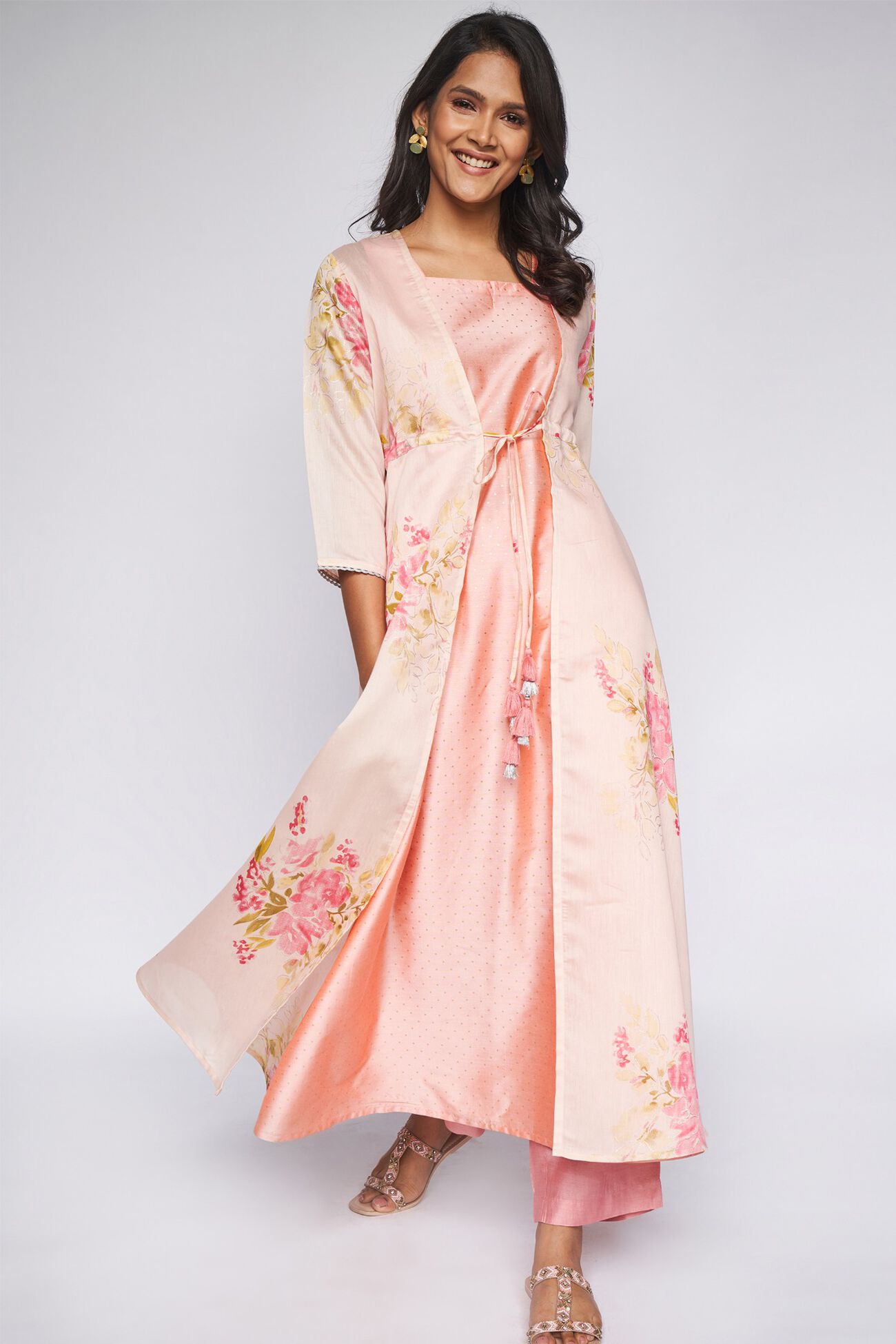 4 - Pink Foil Print Layered Kurta 2P Suit Set, image 4