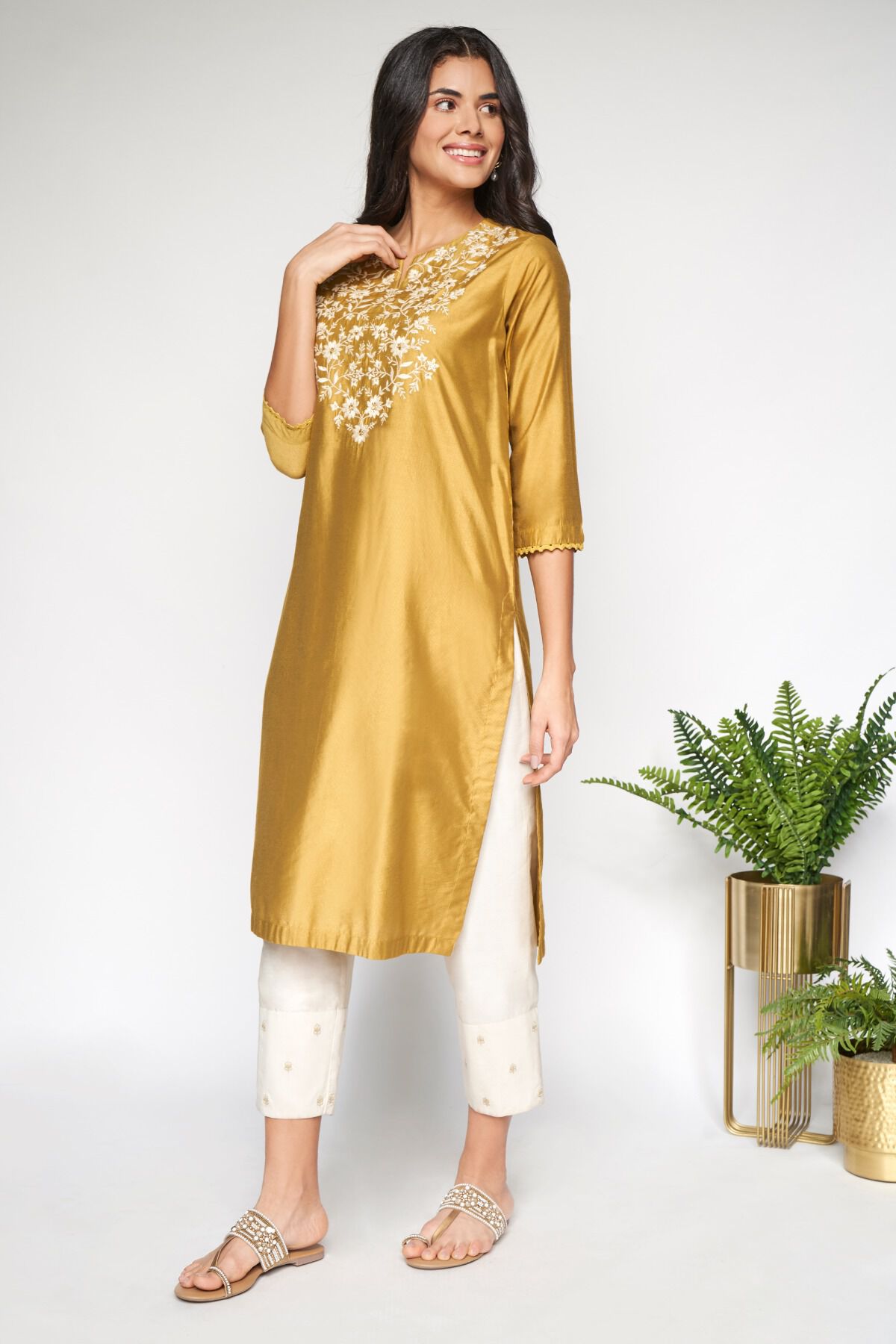 4 - Mustard Embriodered Straight Kurta, image 4
