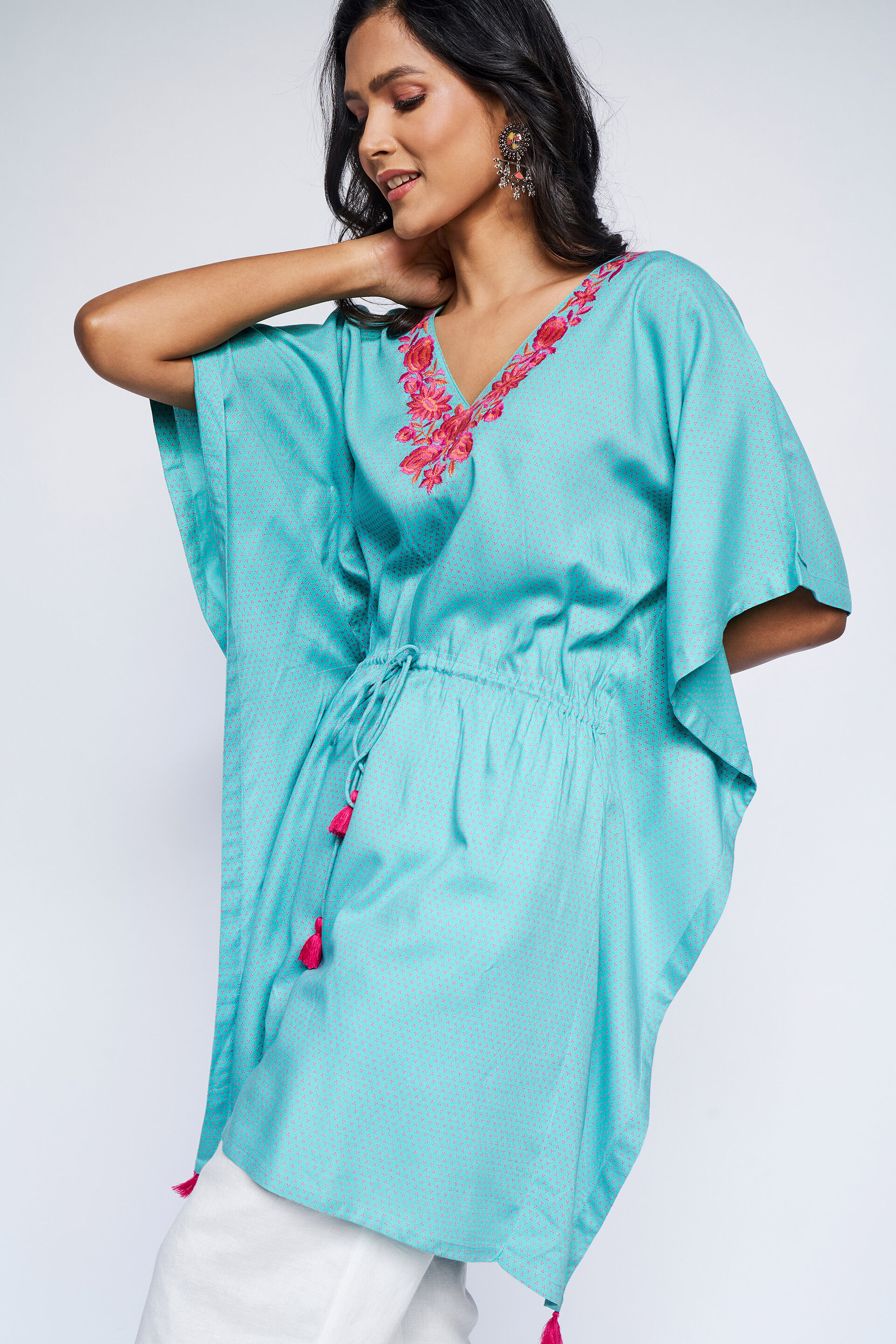 Teal Polka Dots Kaftan Tunic, Teal, image 2