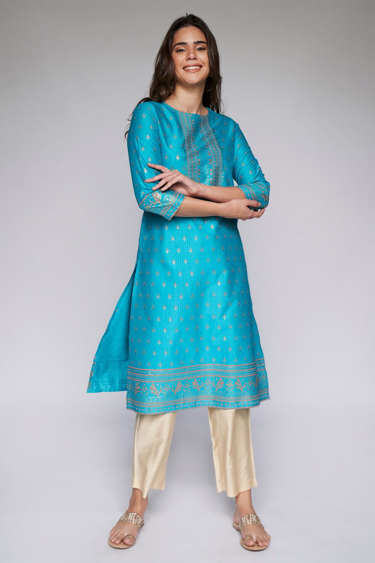 4 - Teal Foil Print Kurta, image 4