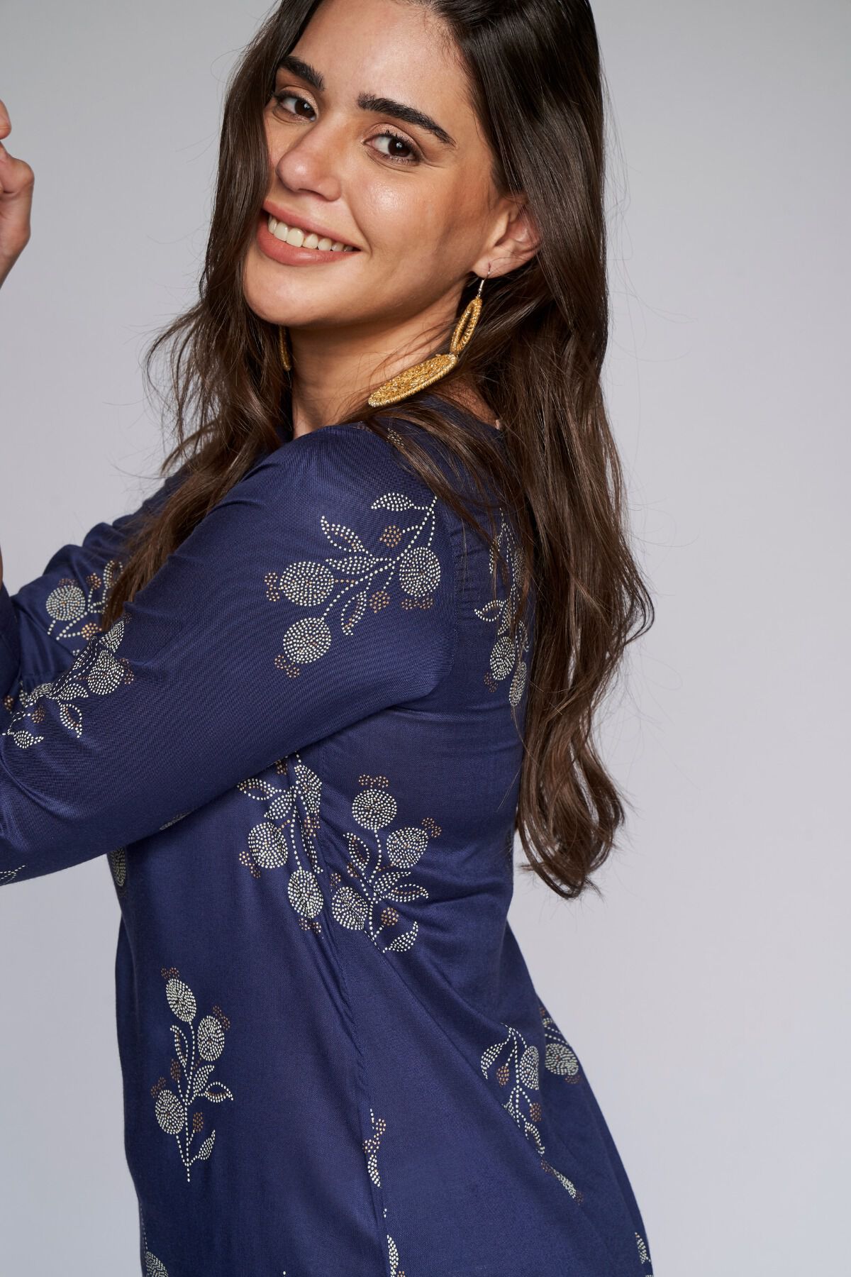 5 - Navy Blue Floral A-Line Kurta, image 5