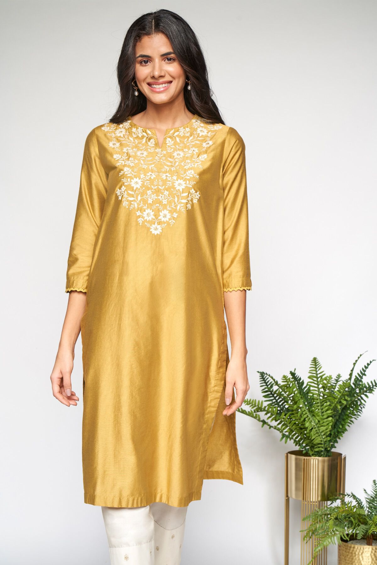 2 - Mustard Embriodered Straight Kurta, image 2