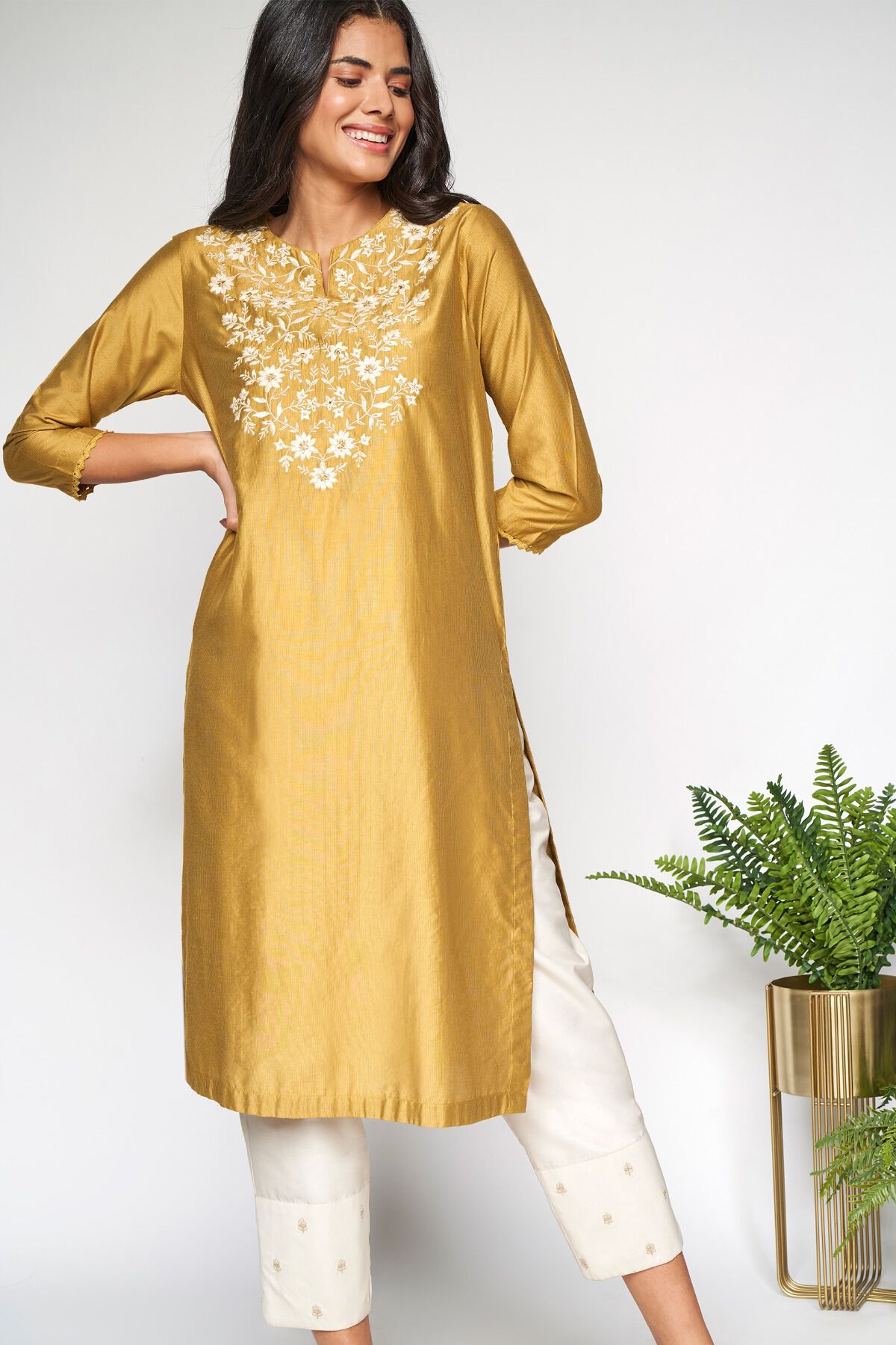 3 - Mustard Embriodered Straight Kurta, image 3