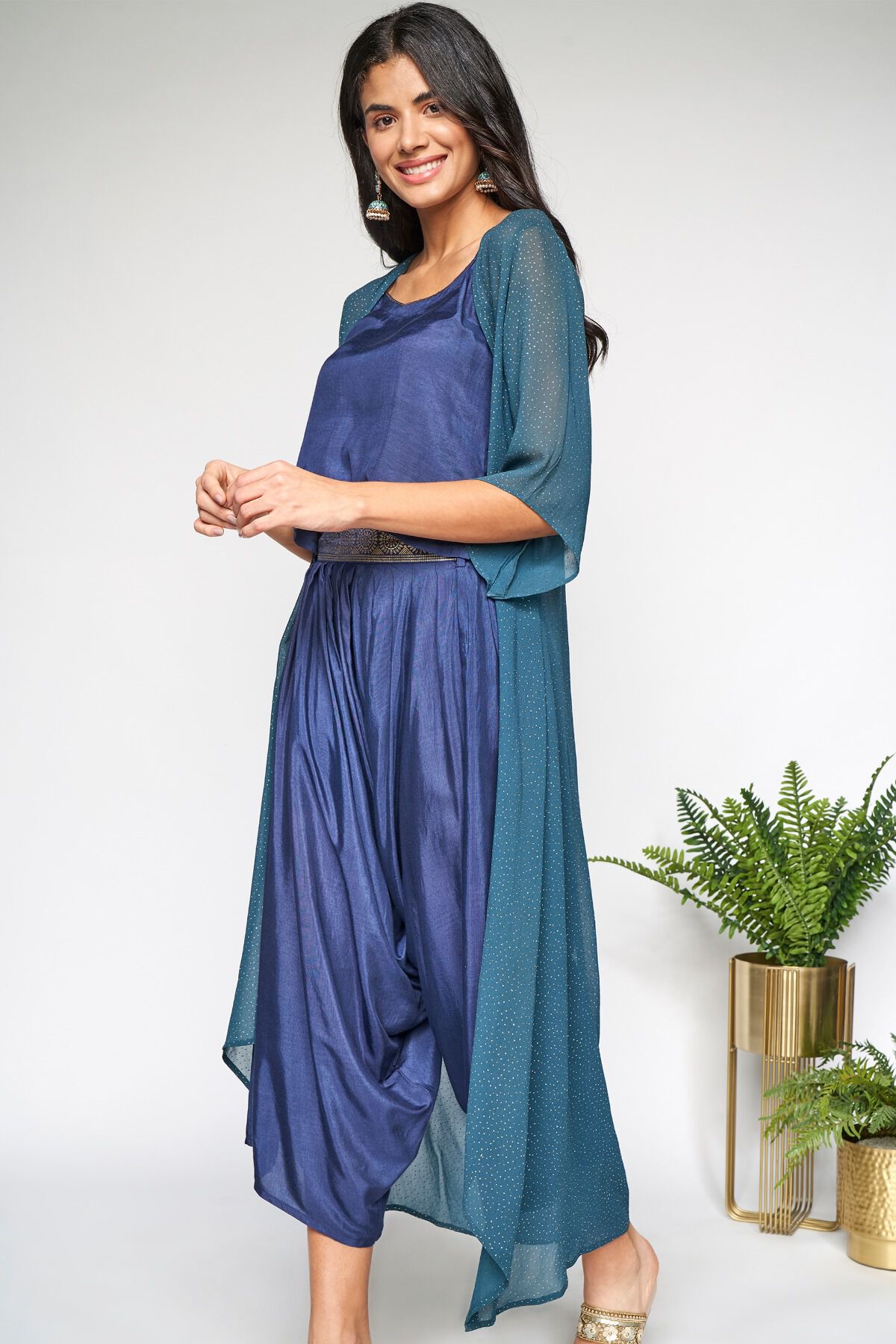 6 - Indigo Regular Top Dhoti With Overlay Set, image 6