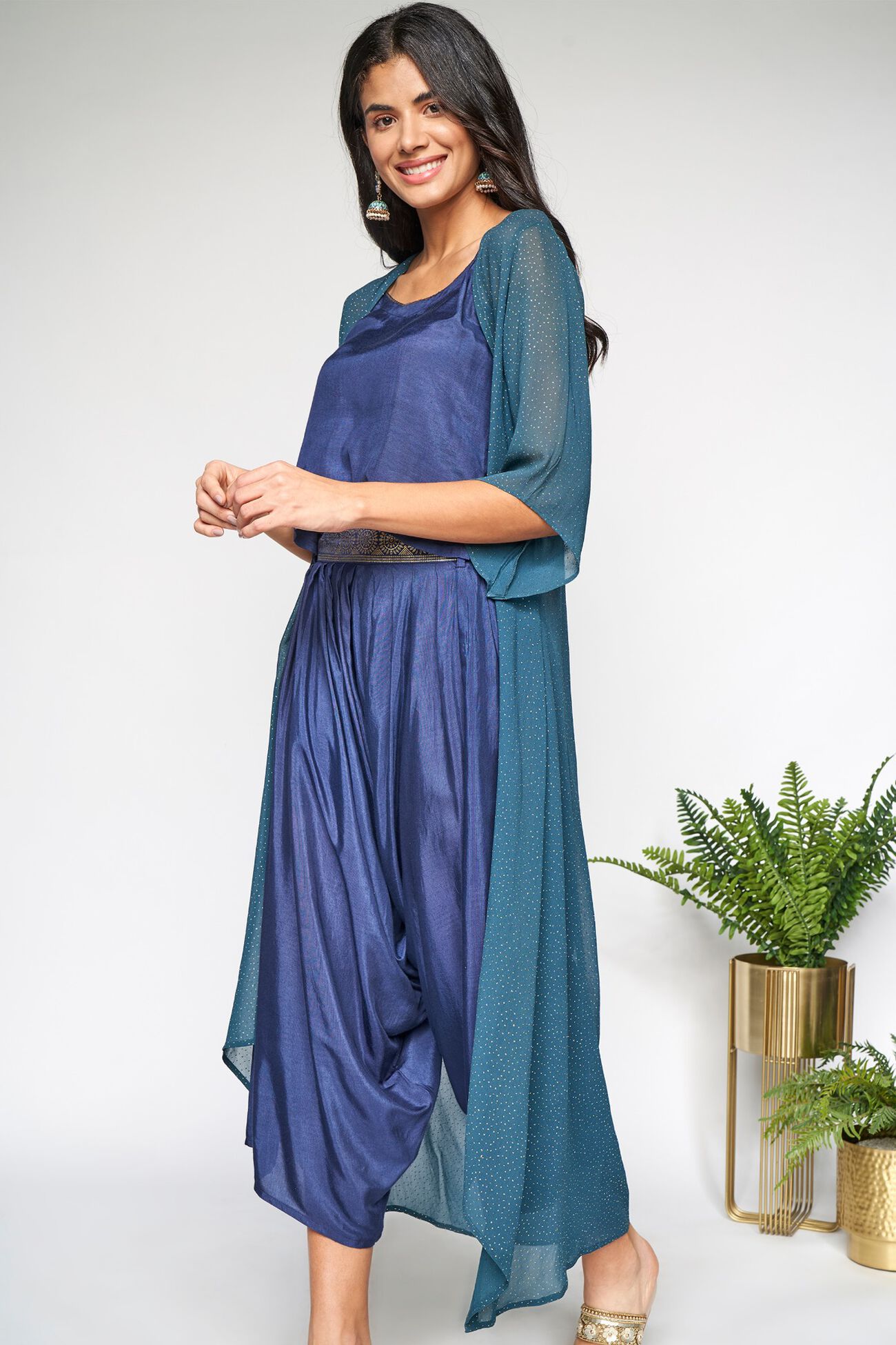 6 - Indigo Regular Top Dhoti With Overlay Set, image 6