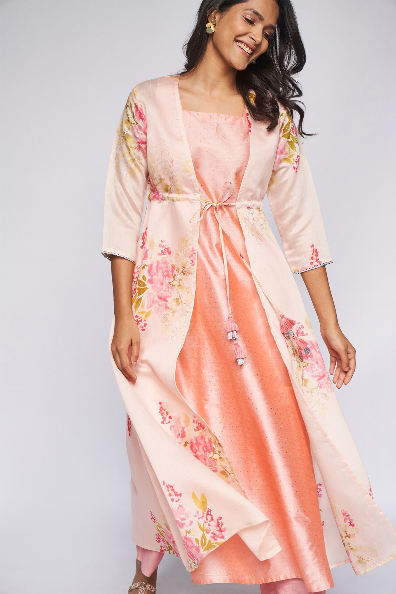 1 - Pink Foil Print Layered Kurta 2P Suit Set, image 1