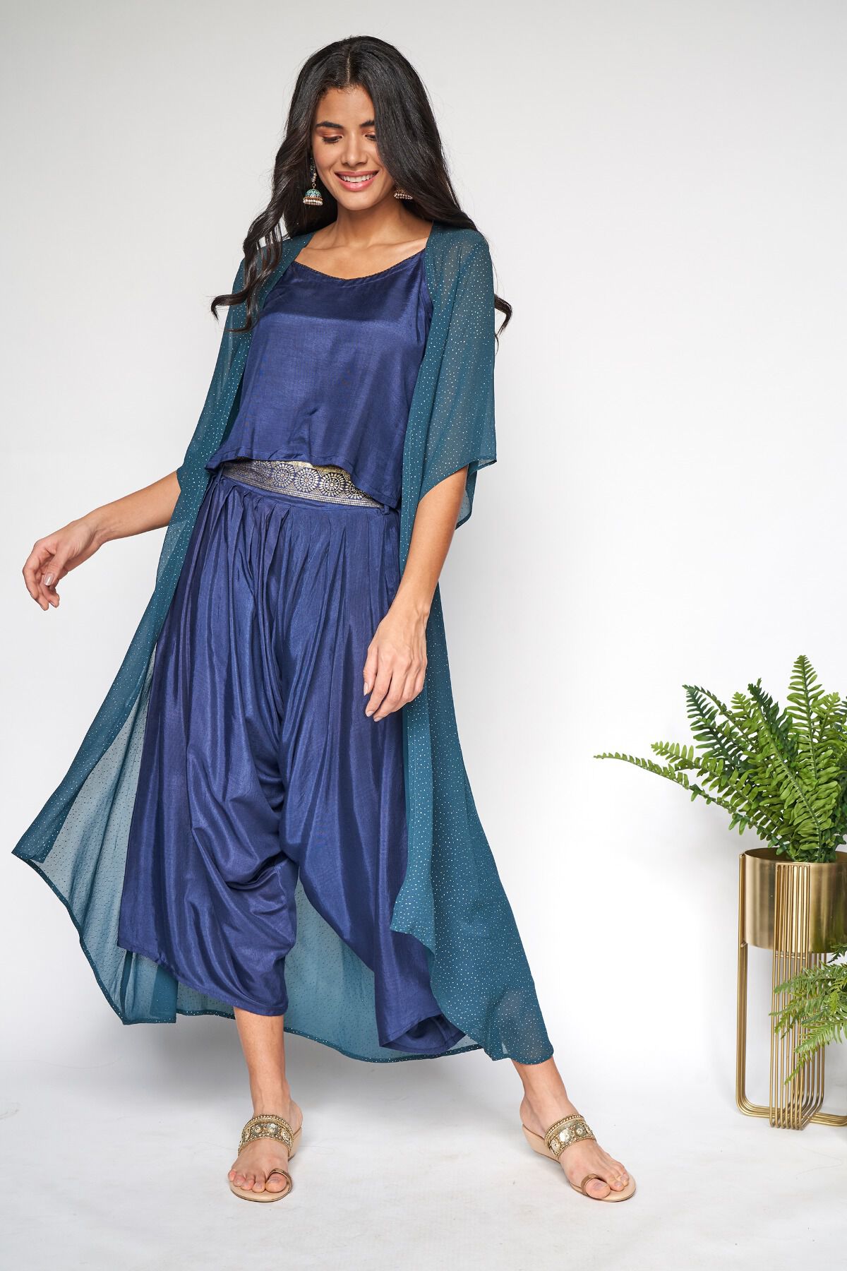 3 - Indigo Regular Top Dhoti With Overlay Set, image 3