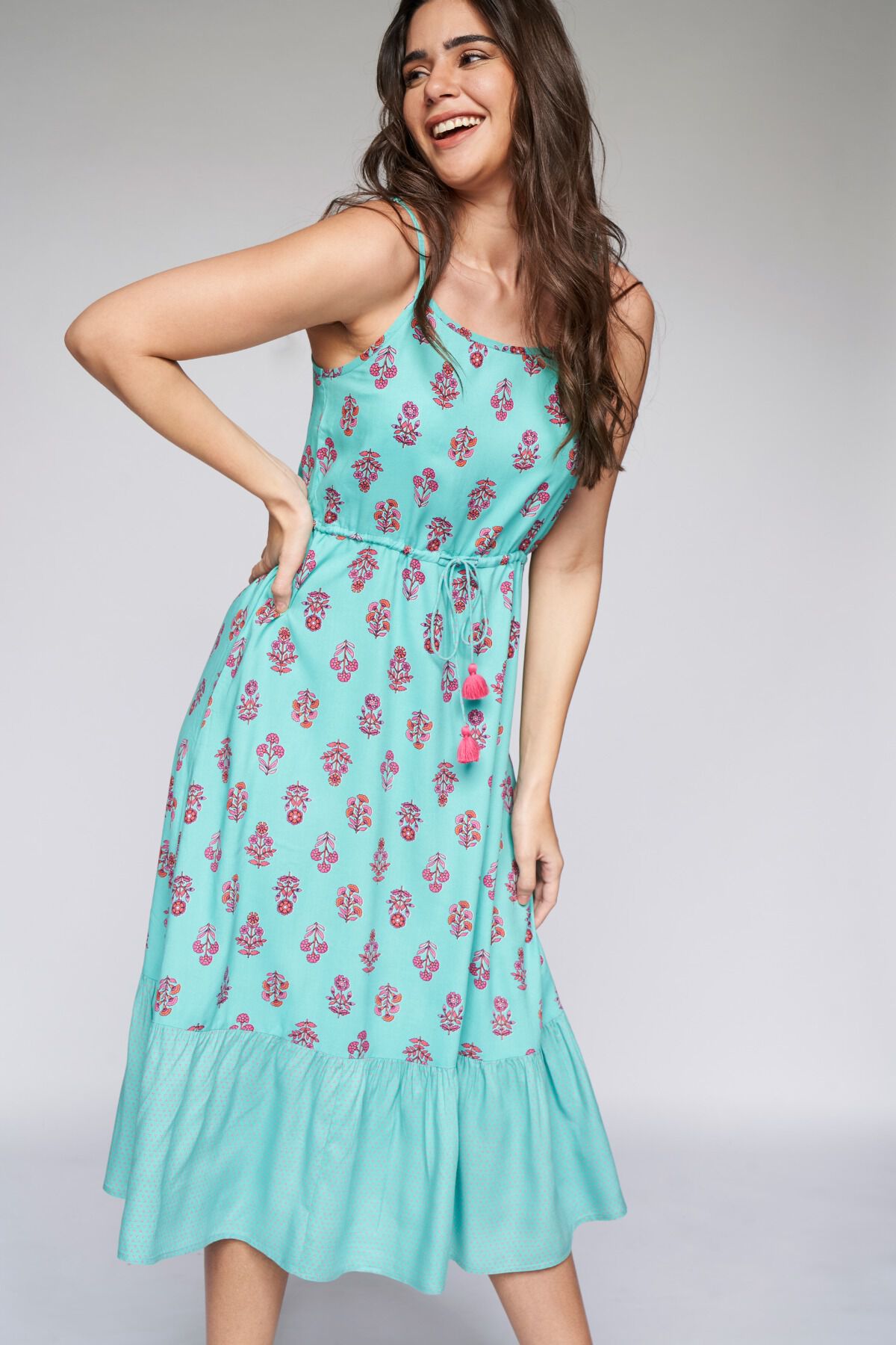 4 - Teal Ethnic Motifs Fit & Flare Dress, image 4