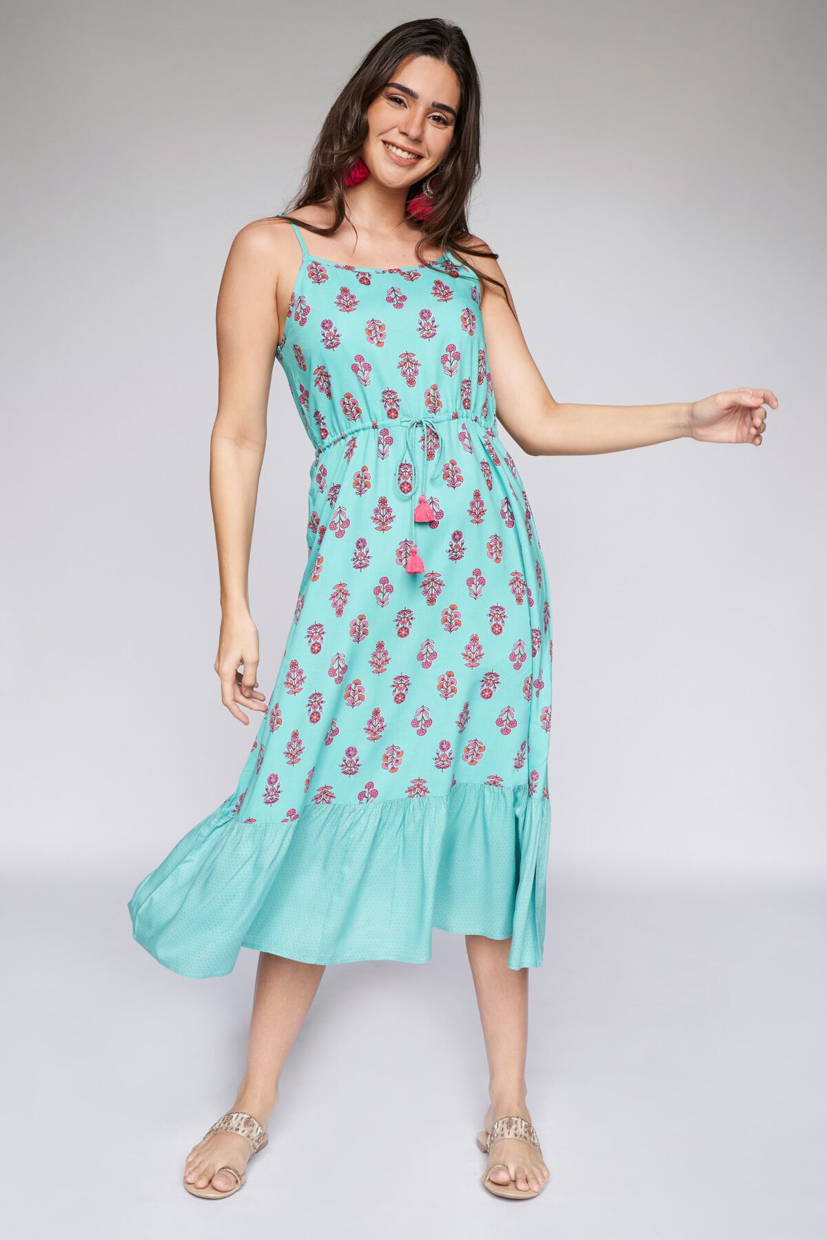 3 - Teal Ethnic Motifs Fit & Flare Dress, image 3