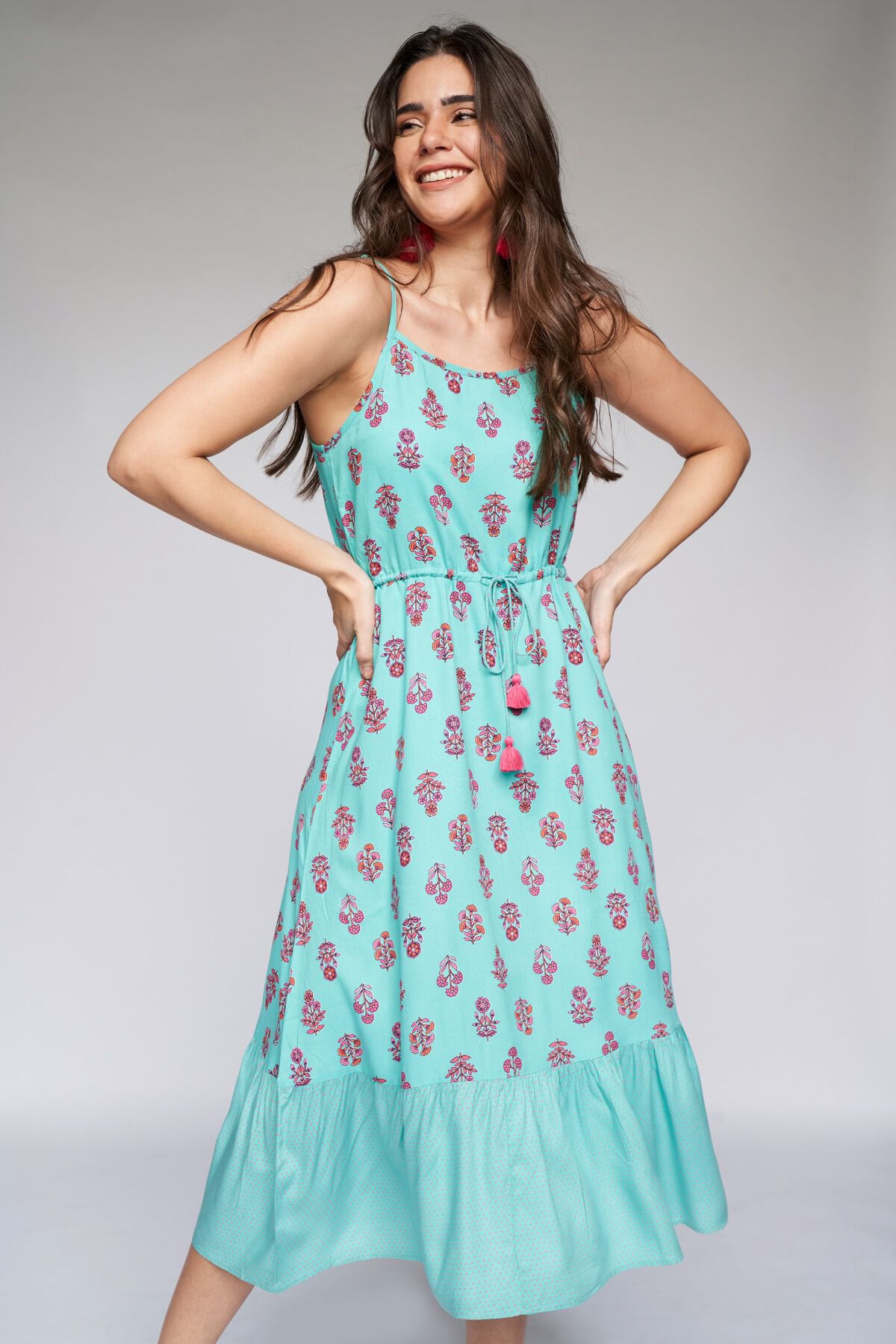 2 - Teal Ethnic Motifs Fit & Flare Dress, image 2