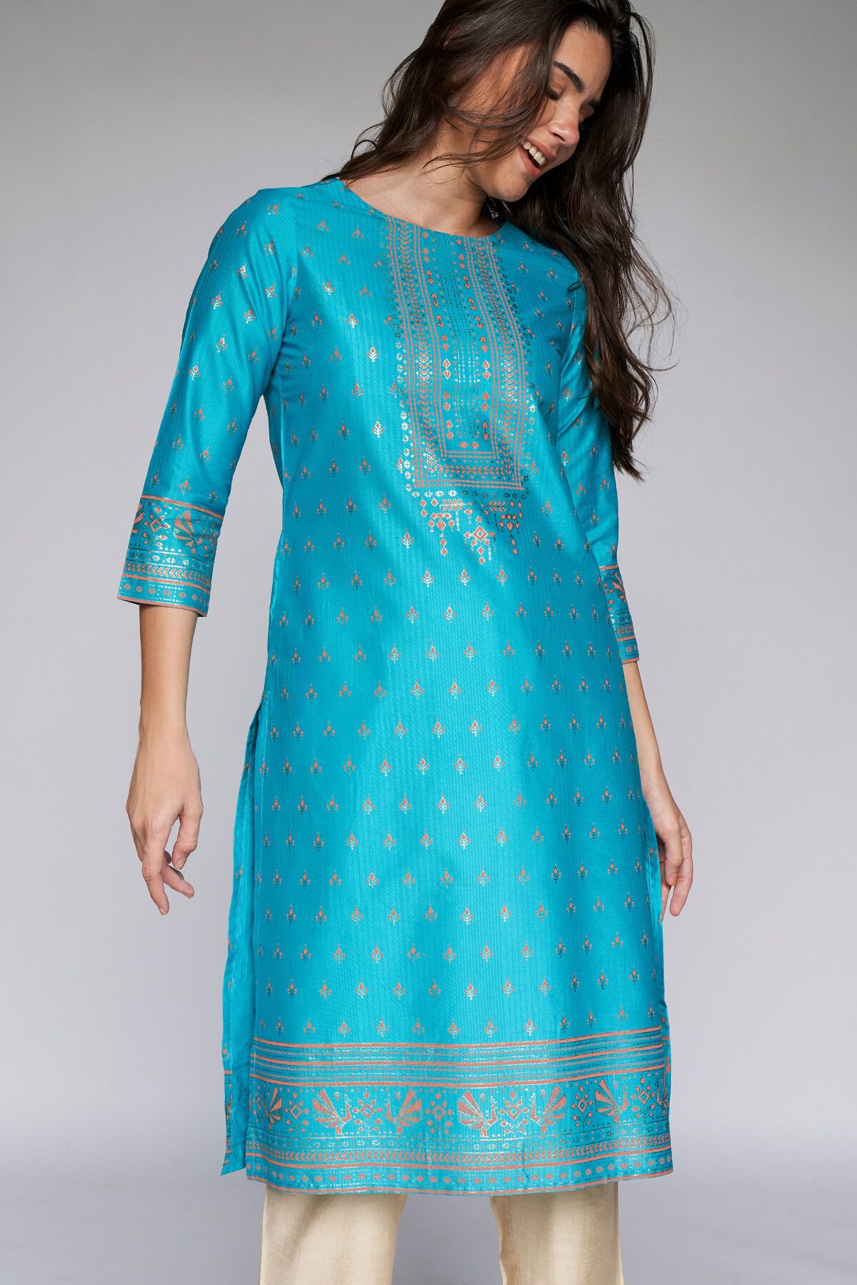3 - Teal Foil Print Kurta, image 3