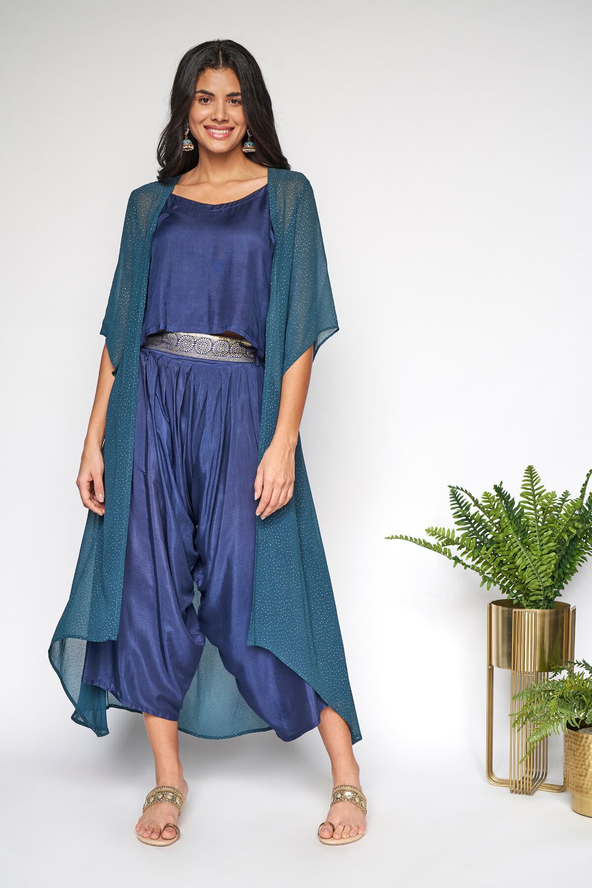 2 - Indigo Regular Top Dhoti With Overlay Set, image 2