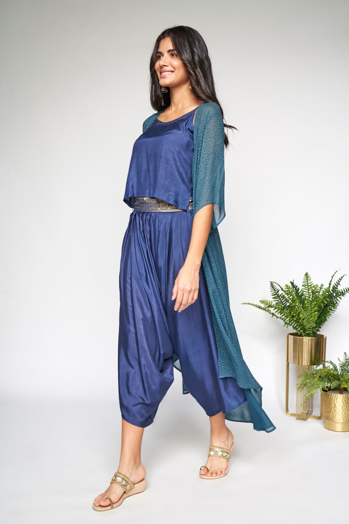 5 - Indigo Regular Top Dhoti With Overlay Set, image 5