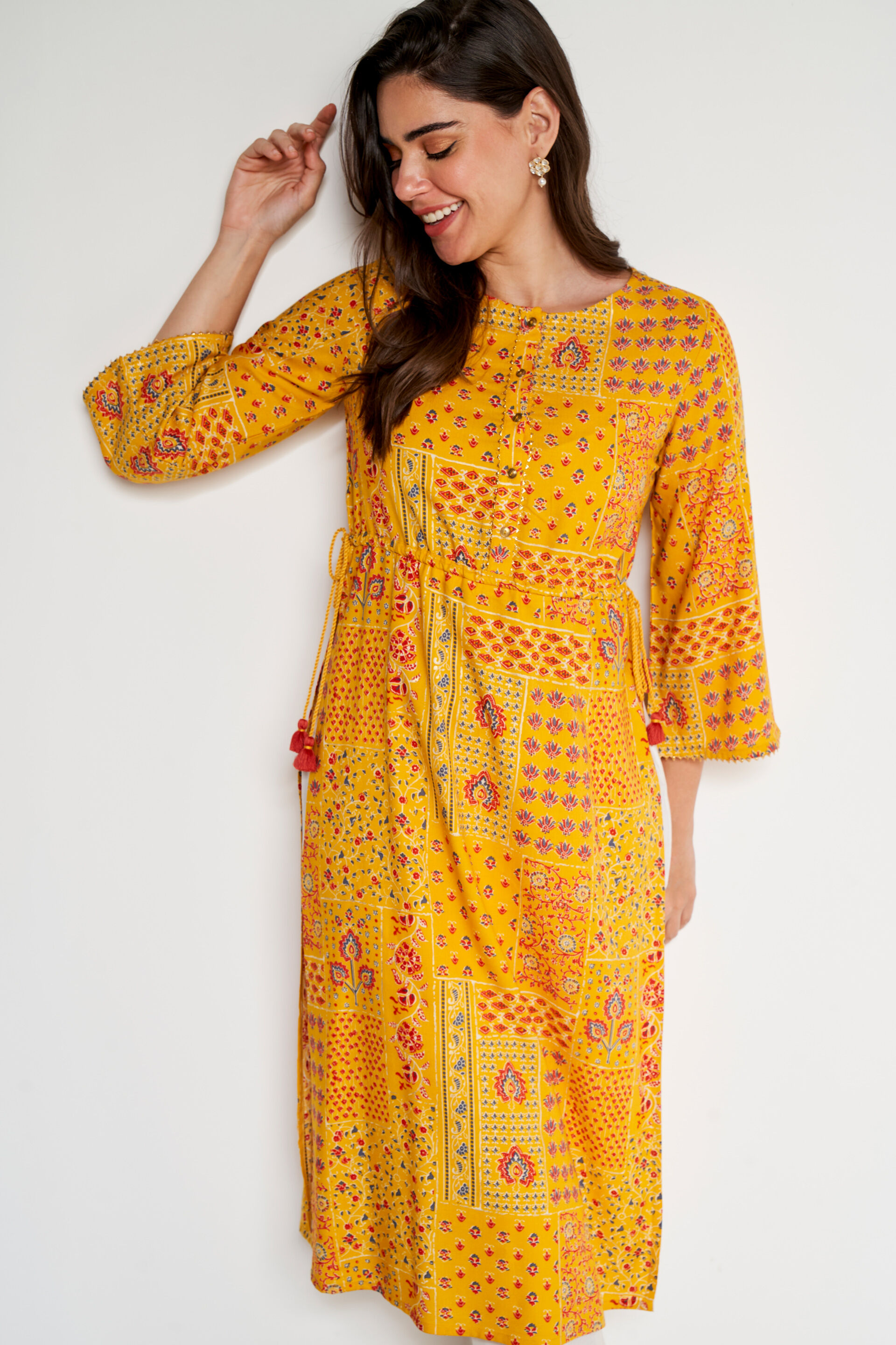 Yellow Ethnic Motifs Straight Kurta, Yellow, image 4