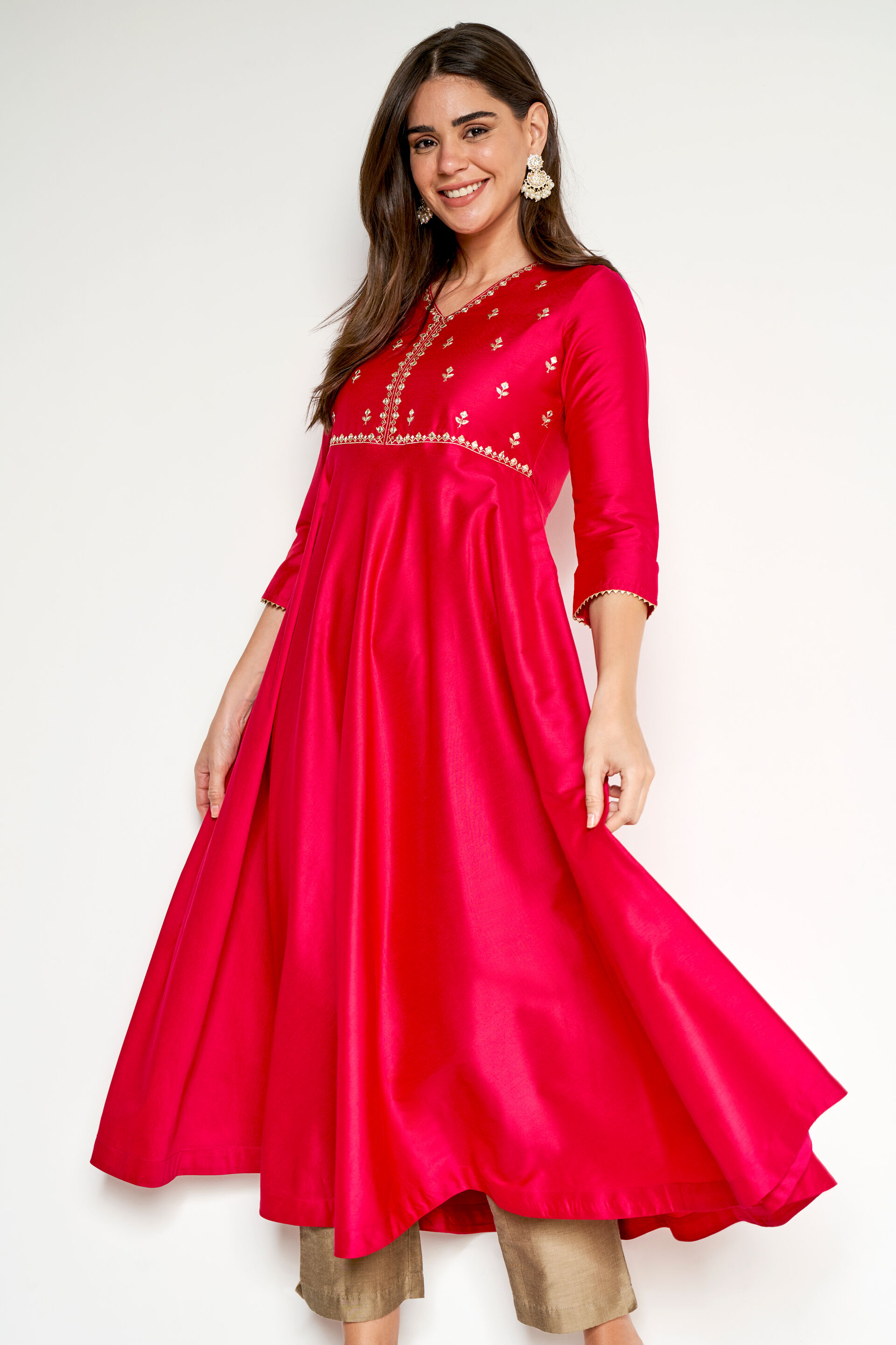 Pink Solid Flared Kurta, Pink, image 2