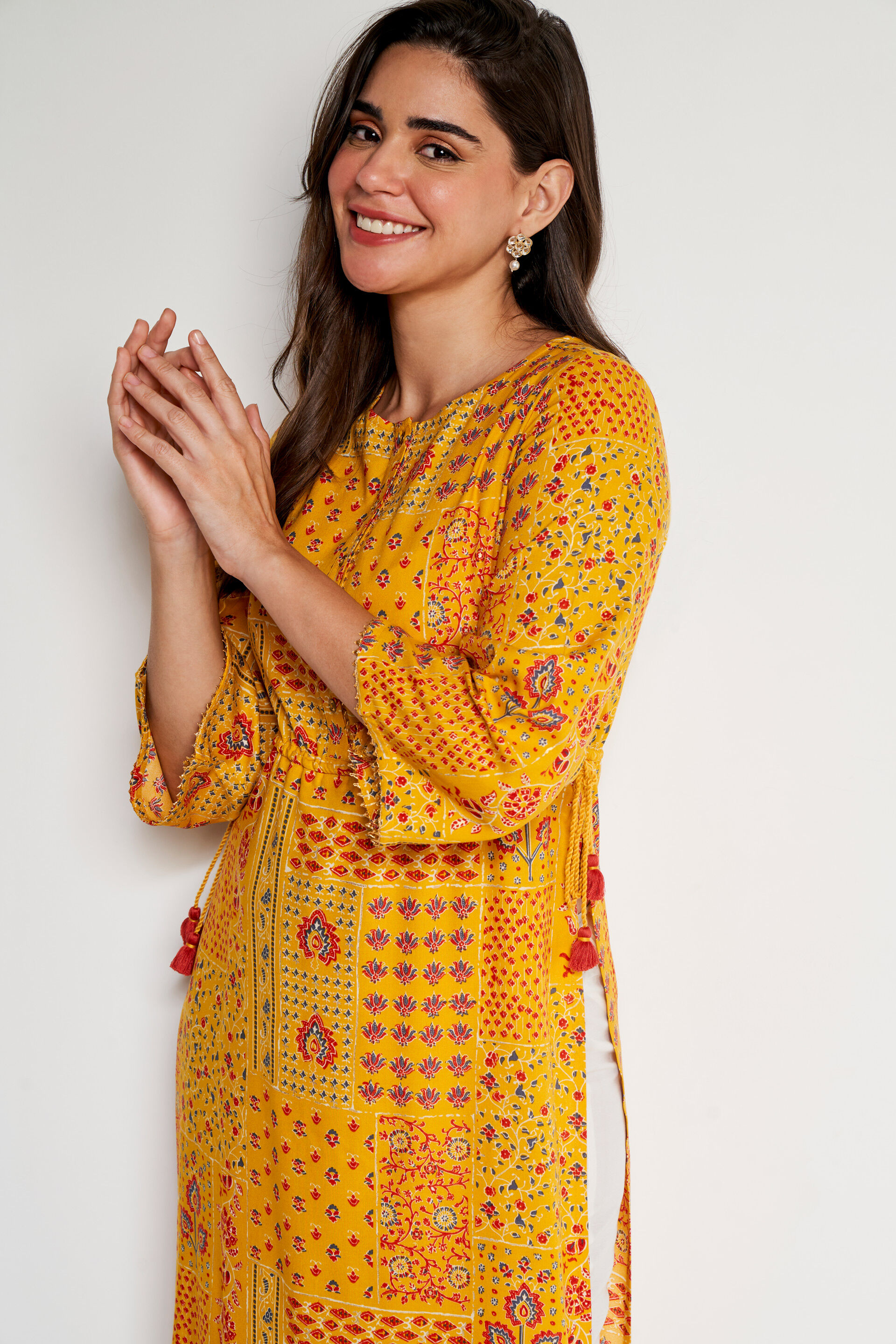 Yellow Ethnic Motifs Straight Kurta, Yellow, image 3