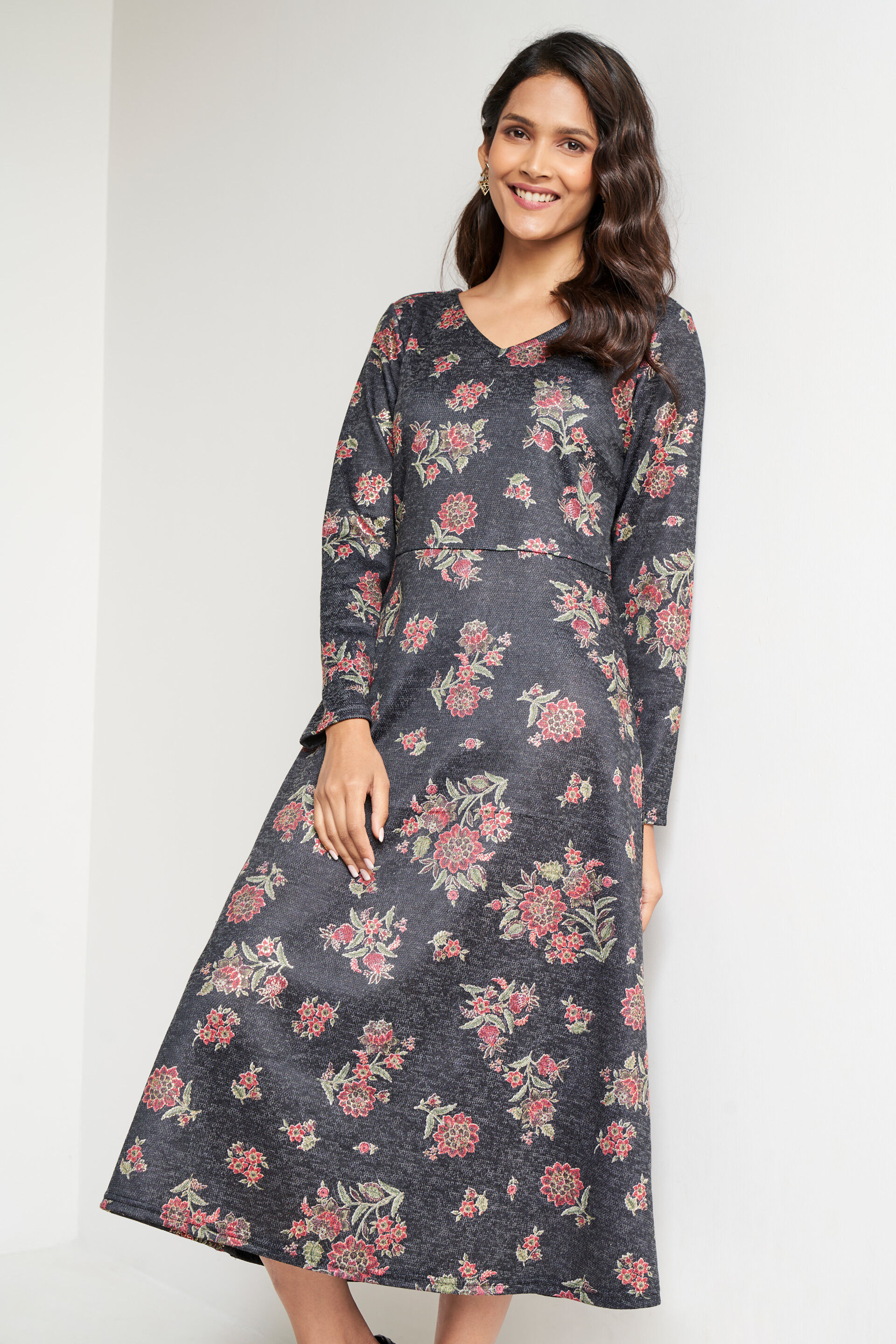 Black Foil Print Flared Slip-On Dress, Black, image 4