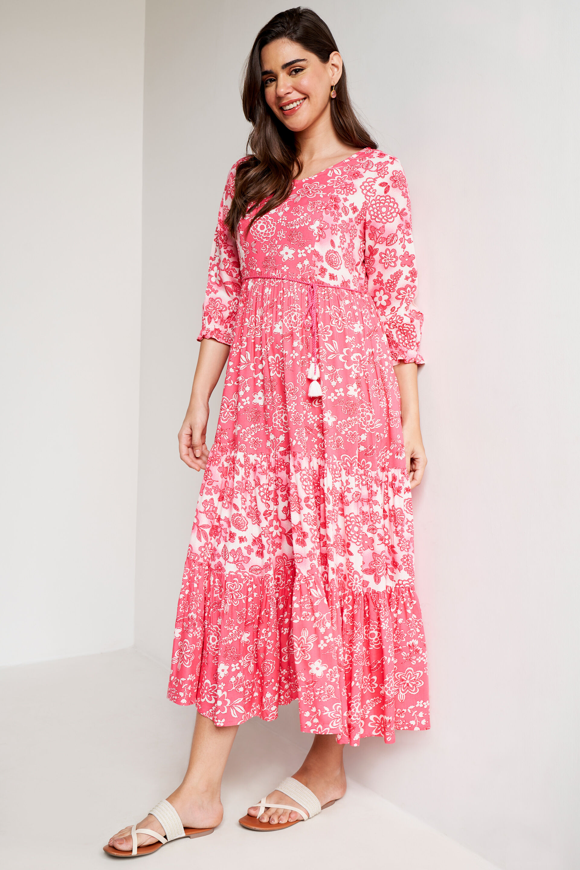 Pink Floral Flared Dress, Pink, image 3